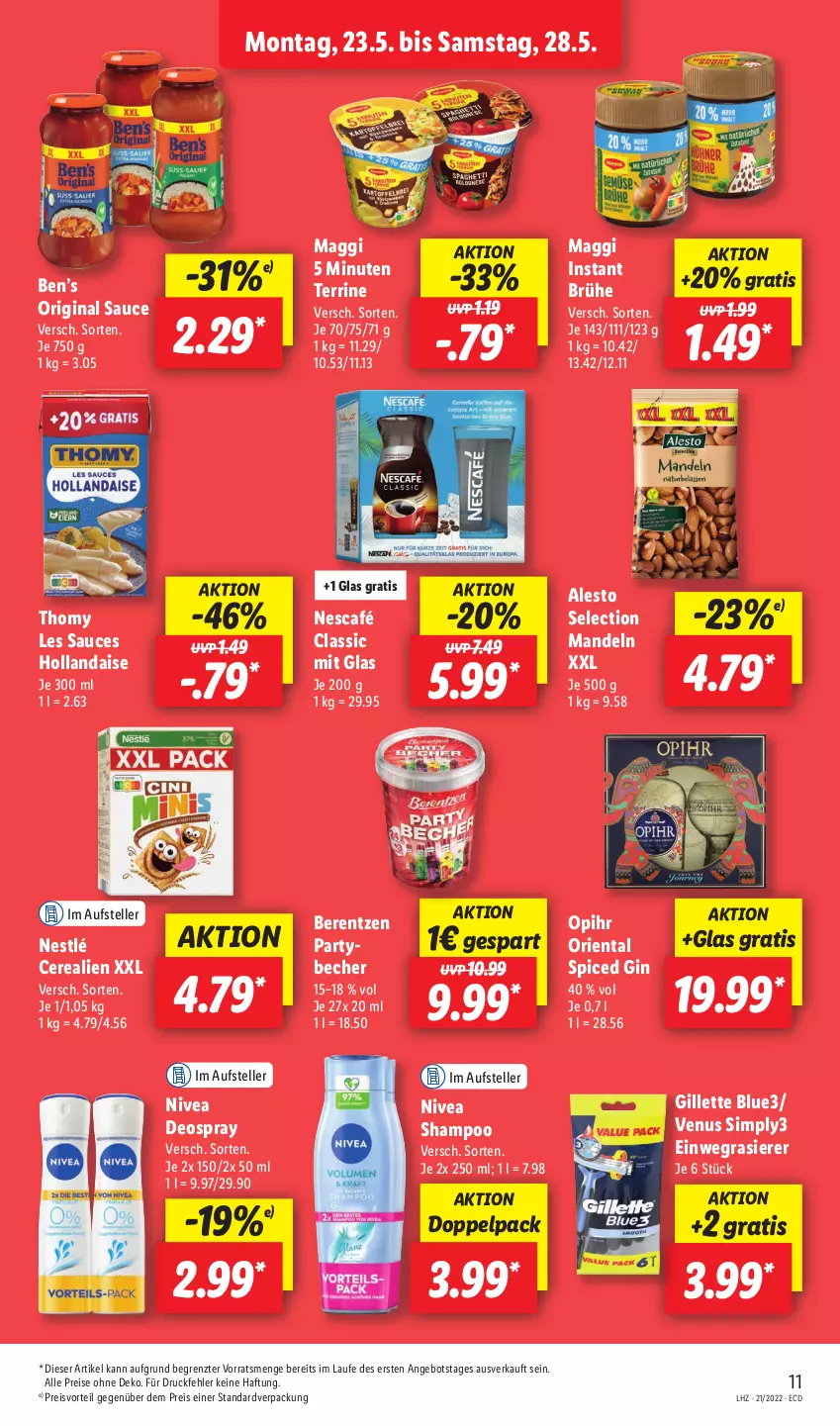 Aktueller Prospekt Lidl - Aktionsprospekt - von 23.05 bis 28.05.2022 - strona 11 - produkty: alesto, angebot, Becher, Ben’s Original, berentzen, Brühe, cerealien, deo, deospray, einwegrasierer, eis, elle, gillette, gin, hollandaise, maggi, mandel, mandeln, Nescafé, nestlé, nivea, preisvorteil, rasierer, reis, sauce, shampoo, sim, teller, terrine, thomy, thomy les sauces, Ti, venus, ZTE