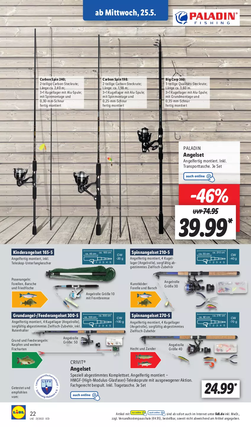 Aktueller Prospekt Lidl - Aktionsprospekt - von 23.05 bis 28.05.2022 - strona 22 - produkty: crivit, elle, fisch, fische, forelle, Kescher, Kinder, Kugel, ndk, rel, Schal, Schale, Spezi, Sport, sporttasche, Tasche, Teleskop, Ti, tragetasche, Zander