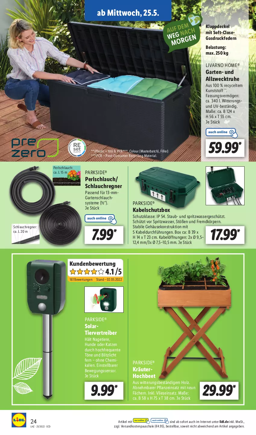 Aktueller Prospekt Lidl - Aktionsprospekt - von 23.05 bis 28.05.2022 - strona 24 - produkty: asti, Bewegungssensor, Clin, decke, Deckel, ente, Garten, gartenschlauch, Holz, kräuter, ndk, Parkside, pflanze, Ria, Schal, Schale, schlauch, Ti, Tiere, Tiervertreiber, wasser, weck