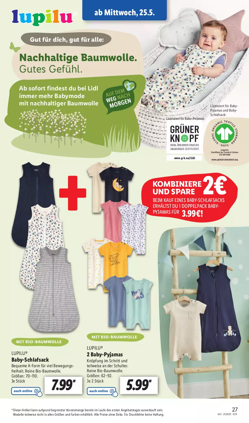 Aktueller Prospekt Lidl - Aktionsprospekt - von 23.05 bis 28.05.2022 - strona 27 - produkty: angebot, Baby-Pyjama, Bau, baumwolle, bio, bio-baumwolle, dell, eis, elle, lupilu, mit bio-baumwolle, Mode, Pyjama, reis, sac, schlafsack, Ti, wolle, ZTE