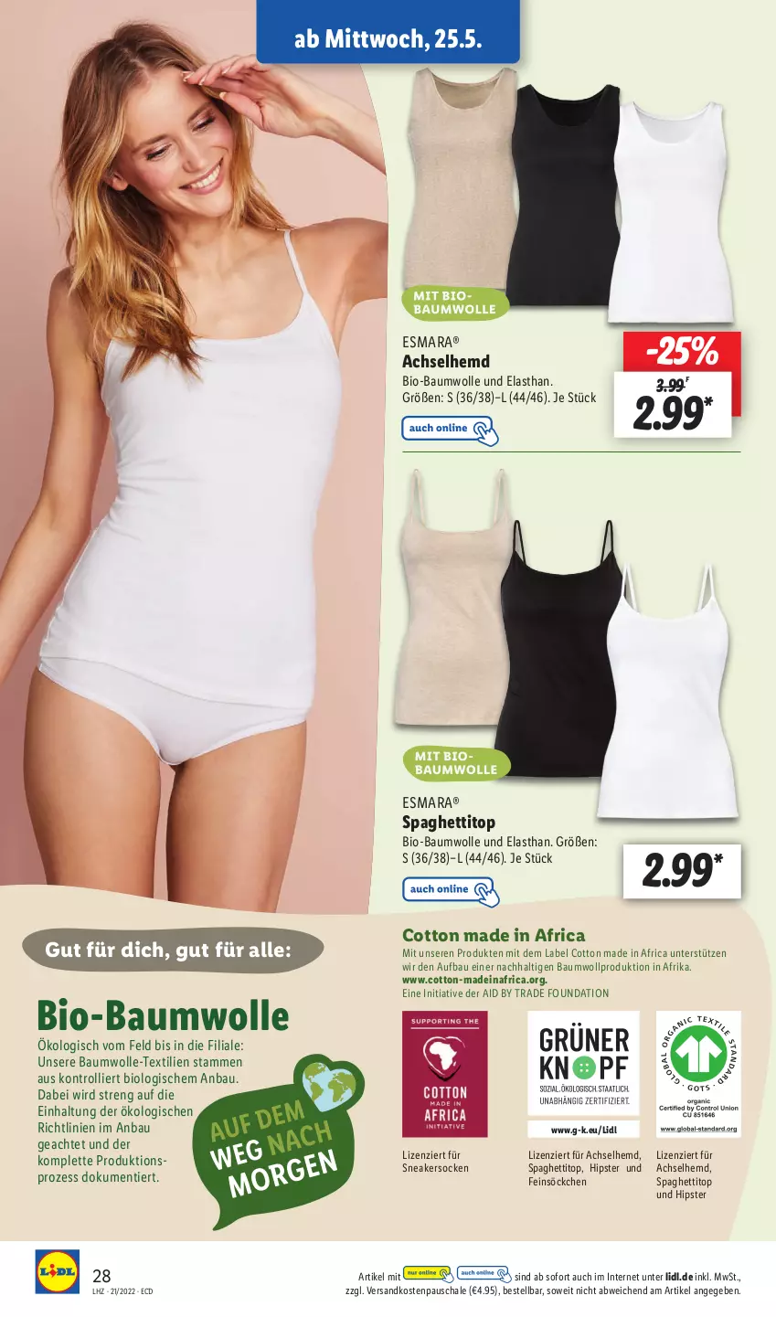 Aktueller Prospekt Lidl - Aktionsprospekt - von 23.05 bis 28.05.2022 - strona 28 - produkty: achselhemd, Bau, baumwolle, bio, bio-baumwolle, esmara, hemd, ndk, Schal, Schale, sneaker, sneakersocken, söckchen, socken, spaghetti, Ti, trolli, wolle