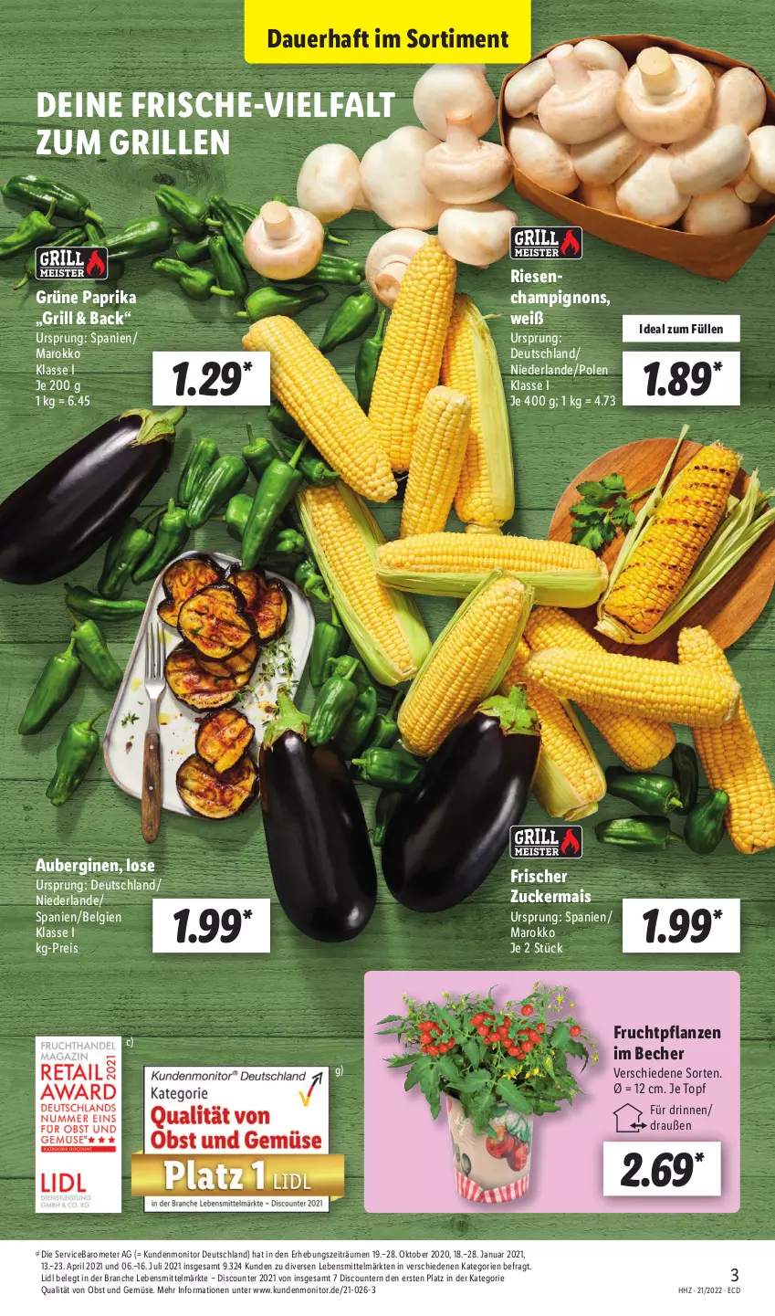 Aktueller Prospekt Lidl - Aktionsprospekt - von 23.05 bis 28.05.2022 - strona 3 - produkty: aubergine, auberginen, auer, Becher, champignon, champignons, discount, eis, frucht, gin, grill, lebensmittel, LG, mais, monitor, obst, Obst und Gemüse, paprika, pflanze, pflanzen, pril, reis, Ti, topf, und gemüse, zucker, zuckermais