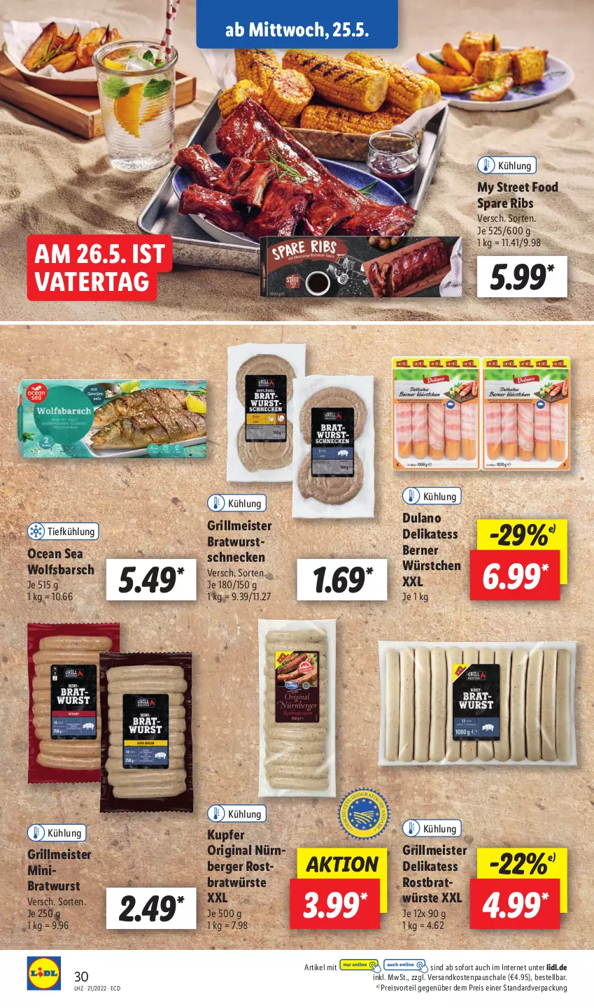 Aktueller Prospekt Lidl - Aktionsprospekt - von 23.05 bis 28.05.2022 - strona 30 - produkty: Berger, bratwurst, dulano, eis, gin, grill, Meister, ndk, preisvorteil, reis, Schal, Schale, spare ribs, Ti, wolfsbarsch, wurst, würstchen