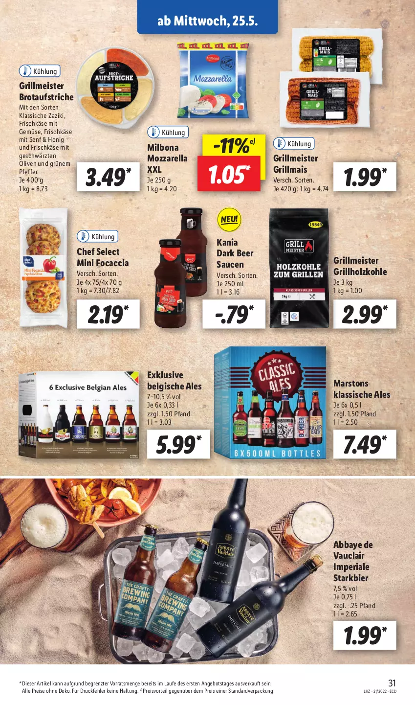 Aktueller Prospekt Lidl - Aktionsprospekt - von 23.05 bis 28.05.2022 - strona 31 - produkty: Abba, ACC, angebot, aufstrich, bier, Bona, brot, brotaufstrich, brotaufstriche, eis, Focaccia, frischkäse, grill, grillholzkohle, Grillmais, Holz, holzkohle, honig, Käse, LG, mais, mars, Meister, Milbona, mit gemüse, mozzarella, olive, oliven, pfeffer, preisvorteil, reis, rel, Ria, sauce, saucen, senf, Ti, zaziki, ZTE