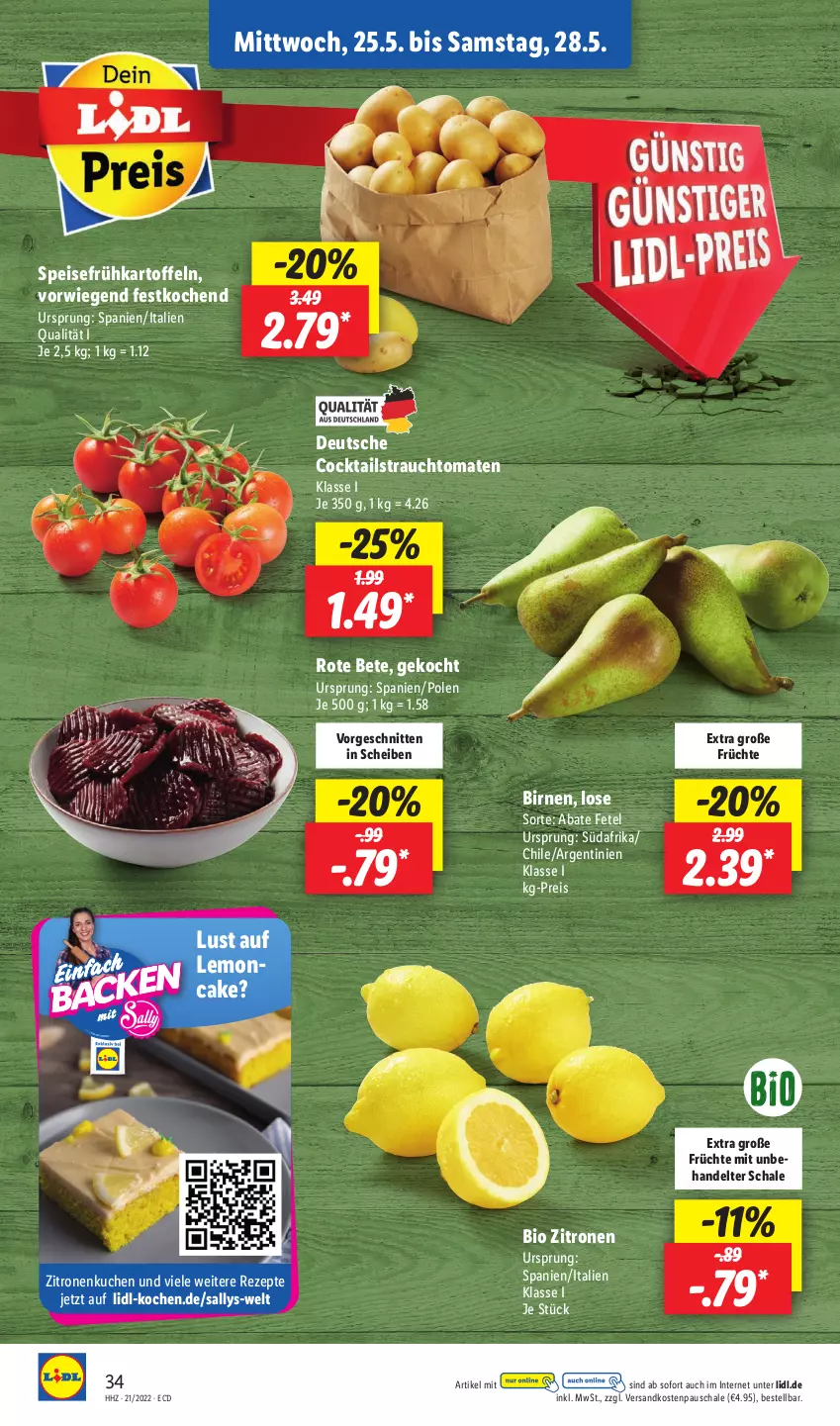 Aktueller Prospekt Lidl - Aktionsprospekt - von 23.05 bis 28.05.2022 - strona 34 - produkty: bio, Birnen, cocktail, cocktails, eis, früchte, Frühkartoffeln, kartoffel, kartoffeln, kuchen, ndk, Rauch, reis, rezept, rezepte, rote bete, Schal, Schale, schnitten, speisefrühkartoffeln, strauchtomaten, Ti, tomate, tomaten, zitrone, zitronen