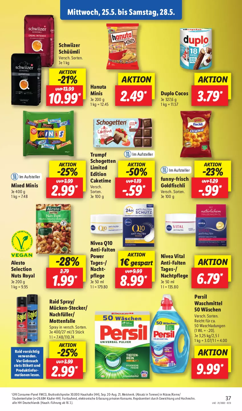 Aktueller Prospekt Lidl - Aktionsprospekt - von 23.05 bis 28.05.2022 - strona 37 - produkty: alesto, brut, cocos, duplo, eis, Elektro, elle, ente, fisch, funny-frisch, Goldfischli, hanuta, HP, Laufen, Mottenfalle, nachtpflege, nivea, persil, persil waschmittel, Q10, Rauch, rum, rwe, schogetten, studentenfutter, teller, Ti, vita, waschmittel