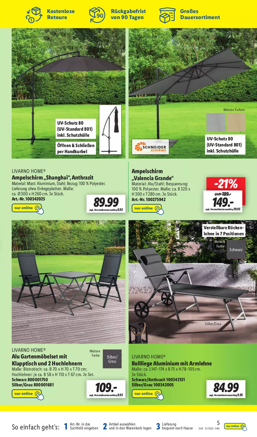 Aktueller Prospekt Lidl - Aktionsprospekt - von 23.05 bis 28.05.2022 - strona 47 - produkty: ampelschirm, auer, Bistrotisch, Garten, gartenmöbel, klapptisch, korb, latte, Liege, möbel, ndk, Ria, rückenlehne, schutzhülle, Ti, tisch, uv-schutz