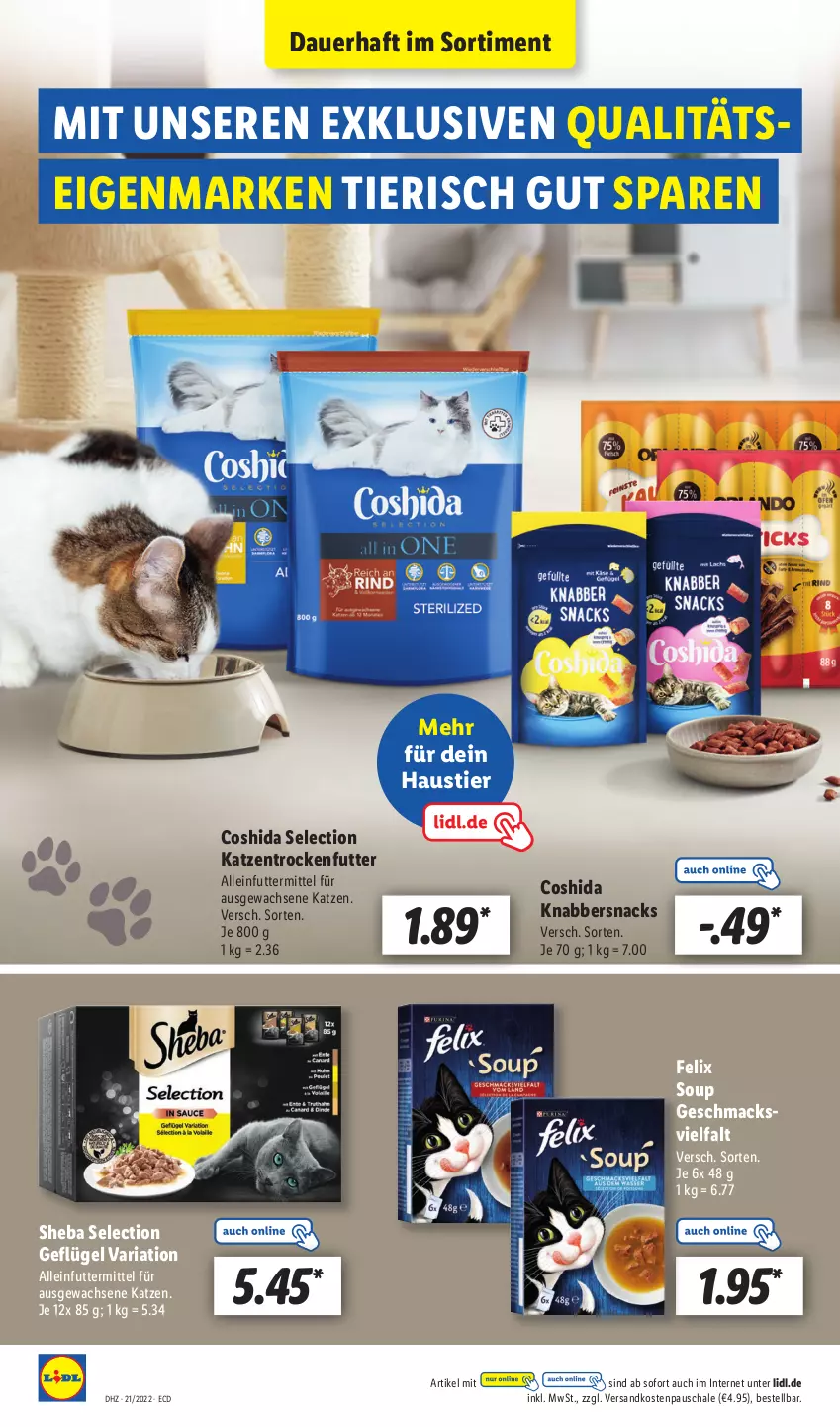 Aktueller Prospekt Lidl - Aktionsprospekt - von 23.05 bis 28.05.2022 - strona 56 - produkty: alleinfuttermittel, auer, aust, Coshida, felix, Geflügel, Katzentrockenfutter, KnabberSnack, mac, ndk, Ria, Schal, Schale, sheba, snack, snacks, Stier, Ti, trockenfutter