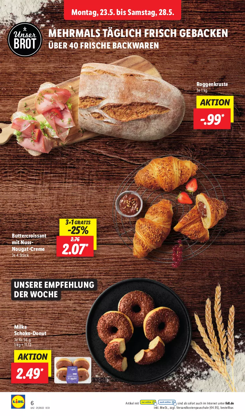 Aktueller Prospekt Lidl - Aktionsprospekt - von 23.05 bis 28.05.2022 - strona 6 - produkty: backwaren, brot, butter, creme, Croissant, Donut, frische backwaren, geback, milka, ndk, nuss, Schal, Schale, schoko, Ti