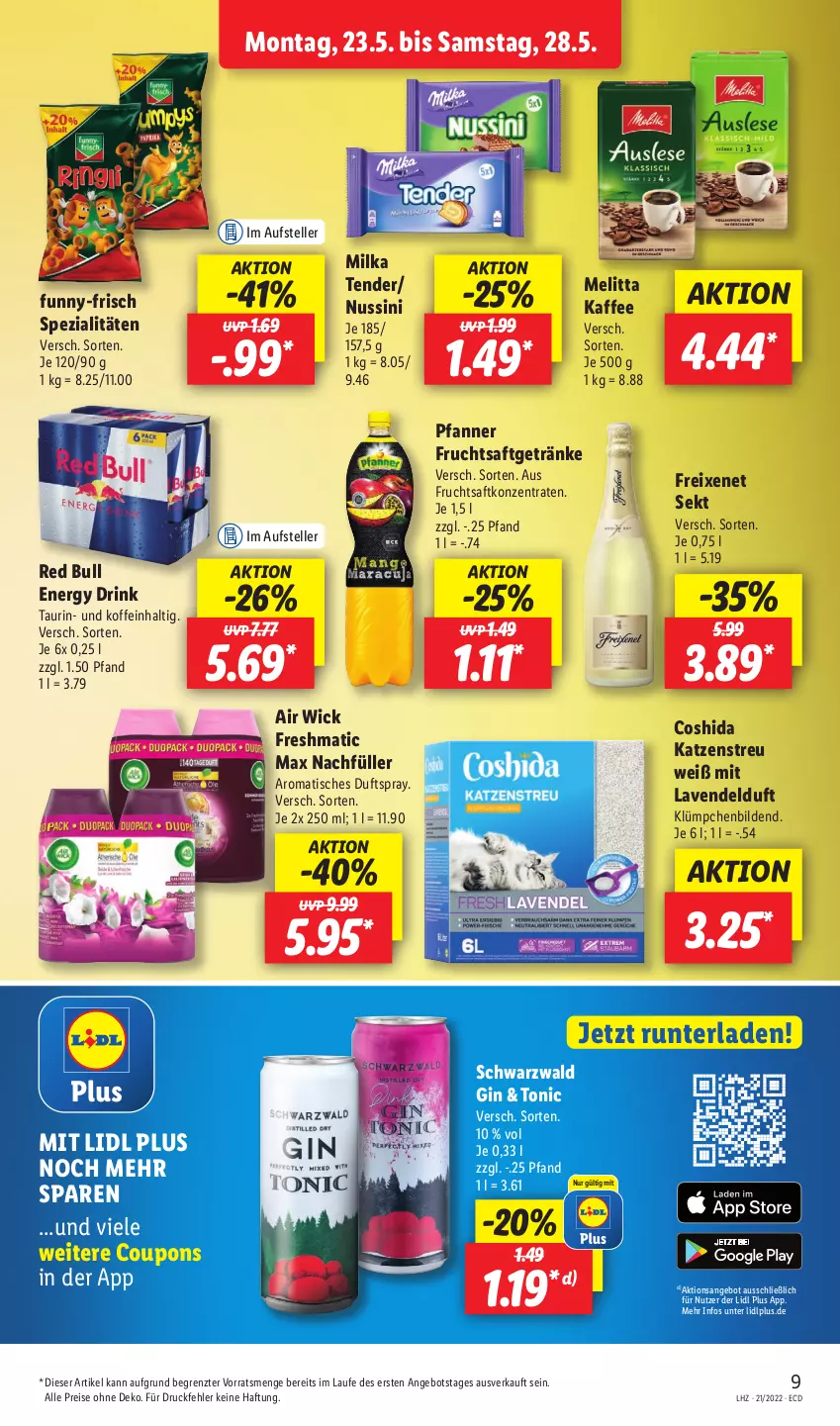 Aktueller Prospekt Lidl - Aktionsprospekt - von 23.05 bis 28.05.2022 - strona 9 - produkty: Air Wick, angebot, Coshida, coupon, coupons, drink, Duftspray, eis, elle, energy drink, freixenet, frucht, fruchtsaft, fruchtsaftgetränk, funny-frisch, getränk, getränke, gin, kaffee, Katzenstreu, lavendel, melitta, milka, nuss, pfanne, Pfanner, red bull, reis, saft, sekt, Spezi, teller, tender, Ti, tisch, tonic, WICK, ZTE