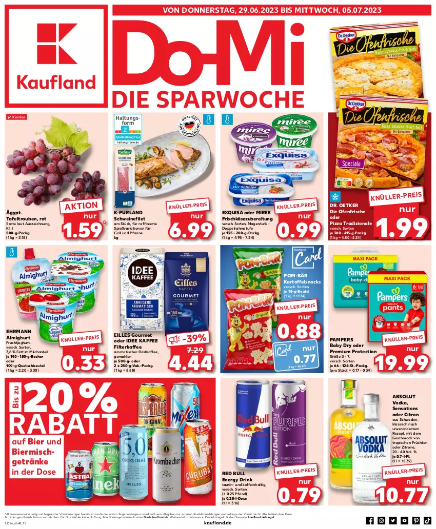 Aktueller Prospekt Kaufland - Prospekt - von 29.06 bis 05.07.2023 - strona 1 - produkty: Absolut Vodka, almighur, almighurt, angebot, angebote, Becher, beutel, bier, die ofenfrische, doppelrahmstufe, Dr. Oetker, drink, ehrmann, ehrmann almighurt, eilles gourmet, eis, energy drink, exquisa, filet, filterkaffee, frischkäse, frischkäsezubereitung, frucht, früchte, früchten, fruchtjoghurt, für grill und pfanne, getränk, getränke, grill, grill und pfanne, joghur, joghurt, kaffee, kartoffel, Käse, mac, milch, miree, Ofen, pampers, pampers baby dry, pfanne, pizza, pizza tradizionale, pom-bär, purland, quetschbeutel, red bull, rezept, Ria, röstkaffee, schwein, schweine, schweinefilet, sensations, snack, snacks, tafeltrauben, Ti, tisch, tradizionale, trauben, und pfanne, vodka, wein, weine, zitrone, ZTE