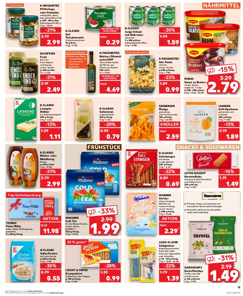 Aktueller Prospekt Kaufland - Prospekt - von 29.06 bis 05.07.2023 - strona 15 - produkty: angebot, angebote, aprikose, aprikosen, auer, Berger, beutel, biscoff, Blüte, braten, brot, chips, erbsen, flasche, hafer, haferflocken, hartweizen, honig, junge erbsen, kaffee, kaffeegenuss, karamell, kartoffel, kartoffelchips, kartoffeln, keks, lasagne, Lasagneblätter, LG, Lippenstift, mac, maggi, mango, Manner, monte, natives olivenöl, natur, nuss, olive, oliven, olivenöl, olivenöl extra, pasta, Pfifferlinge, pilze, reifen, salz, Salzstange, Salzstangen, sauce, saucen, Schmuck, schnitten, seeberger, snack, snacks, Steinpilze, stifte, suppe, suppen, süsswaren, Tchibo, Ti, tomate, tomaten, tomatenmark, waffeln, wasser, zucker