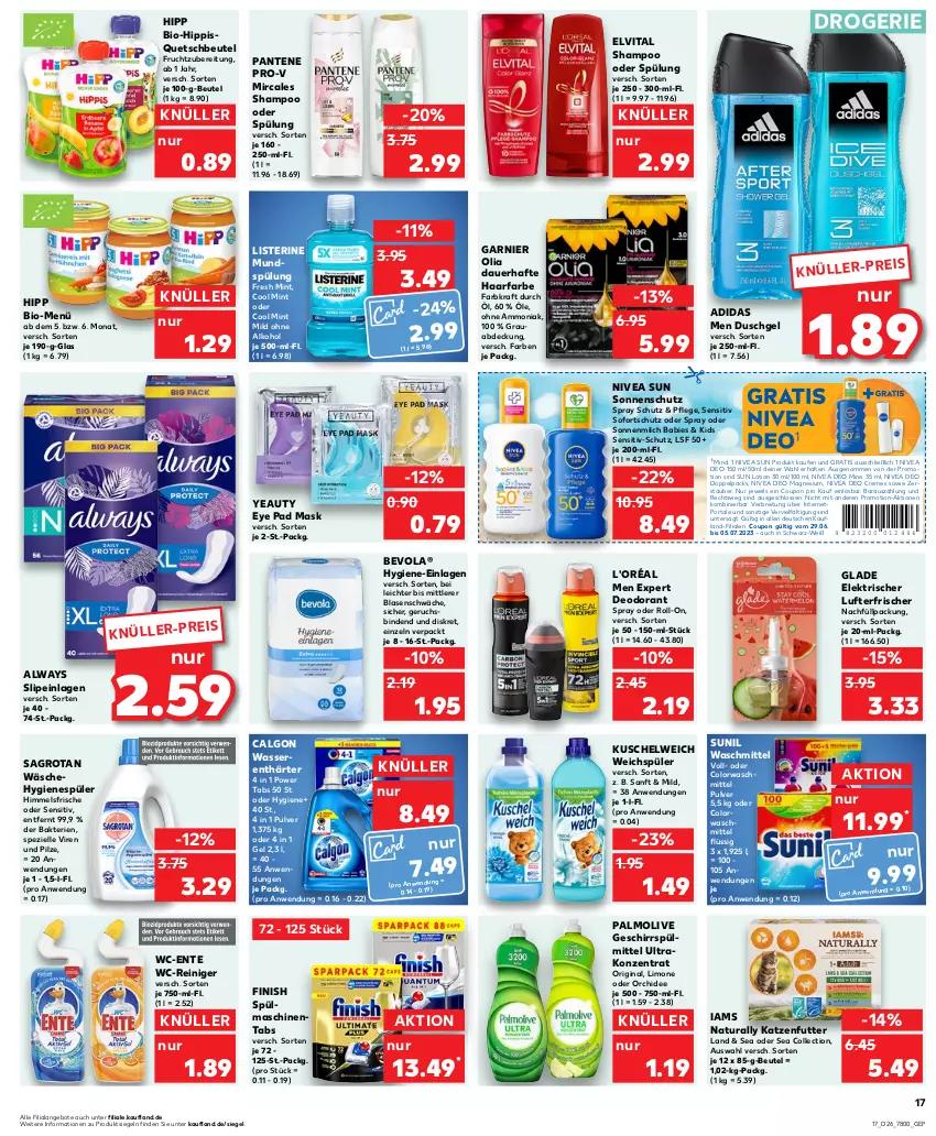 Aktueller Prospekt Kaufland - Prospekt - von 29.06 bis 05.07.2023 - strona 17 - produkty: Adidas, alkohol, Alwa, Always, angebot, angebote, auer, beutel, binden, bio, Brei, calgon, colorwaschmittel, coupon, creme, deo, deodorant, duschgel, eis, elle, elvital, ente, Finish, frucht, garnier, geschirr, geschirrspülmittel, gin, Glade, hipp, hygienespüler, katzenfutter, kraft, Kuschelweich, LG, limo, listerine, Lotion, lufterfrischer, magnesium, milch, mint, mundspülung, natur, natura, nivea, nivea sun, ohne alkohol, olive, orchidee, palmolive, pantene, pantene pro-v, pilze, pro-v, quetschbeutel, reiniger, roll-on, sagrotan, shampoo, shampoo oder spülung, slip, slipeinlagen, sonnenmilch, sonnenschutz, Spezi, spülmaschinen, spülmaschinentabs, spülmittel, spülung, Sun Lotion, sunil, Ti, vita, waschmittel, wasser, wasserenthärter, wc-reiniger, weichspüler