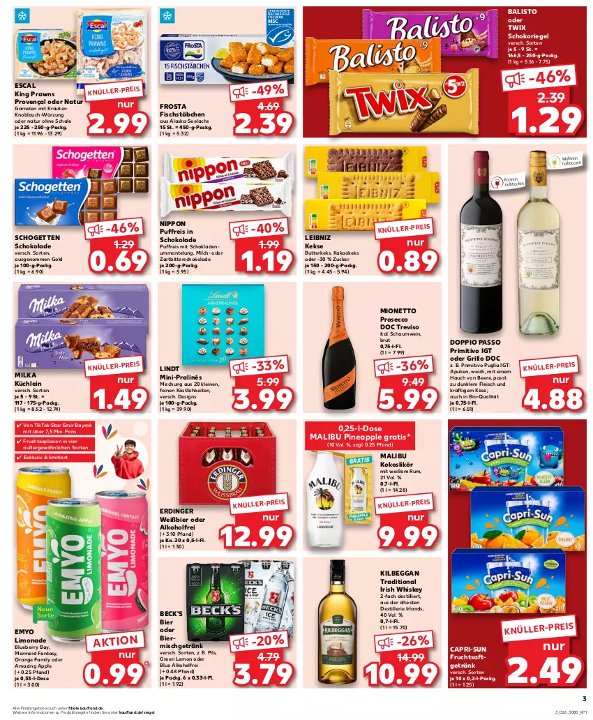 Aktueller Prospekt Kaufland - Prospekt - von 29.06 bis 05.07.2023 - strona 3 - produkty: Alaska-Seelachs, alkohol, angebot, angebote, Apple, balisto, beck's, beere, bier, bio, blueberry, brut, butter, butterkeks, Cap, capri-sun, doppio passo, ecco, eis, erdinger, escal, fanta, fisch, fischstäbchen, fleisch, frosta, frucht, fruchtsaft, fruchtsaftgetränk, garnelen, getränk, grill, grillo, irish whiskey, kakao, Käse, keks, kekse, kilbeggan, knoblauch, kokos, kräuter, lachs, leibniz, leine, likör, limo, limonade, lindt, Malibu, Mantel, milch, milka, mionetto, natur, nippon, oder twix, orange, passo, pils, prawns, primitivo, prosecco, reis, riegel, rotwein, rum, saft, Schal, Schale, schogetten, schoko, schokolade, schokoriegel, Ti, twix, wein, Weißwein, whiskey, Yo, Zartbitterschokolade, zucker