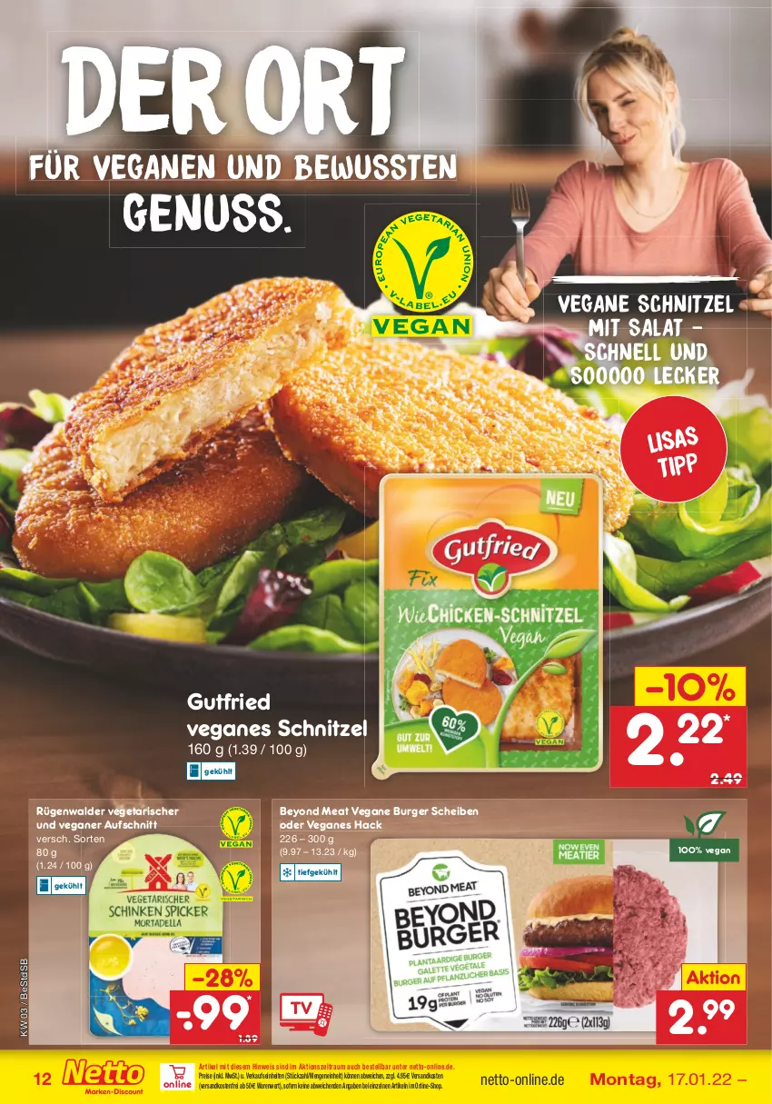 Aktueller Prospekt Netto Marken-Discount - Filial-Angebote - von 17.01 bis 22.01.2022 - strona 12 - produkty: asti, aufschnitt, burger, eis, gutfried, ndk, nuss, reis, rügenwalder, salat, schnitzel, Ti, Vegeta, versandkostenfrei, Yo