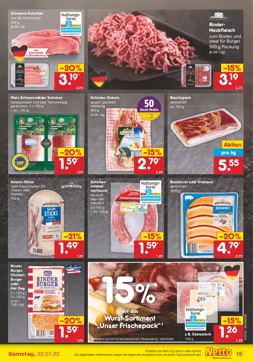 Aktueller Prospekt Netto Marken-Discount - Filial-Angebote - von 17.01 bis 22.01.2022 - strona 15 - produkty: angebot, auer, Bau, bockwurst, braten, burger, Edelsalami, eis, fleisch, hackfleisch, hot dog, Käse, krakauer, Mett, mettwurst, paprika, reis, rind, rinder, rinderhackfleisch, salami, salz, Schal, Schale, schinken, schnitzel, schwarzwälder schinken, schwein, schweine, schweine-schnitzel, Speck, Ti, wein, weine, wurst, ZTE, zwiebel, zwiebelmettwurst