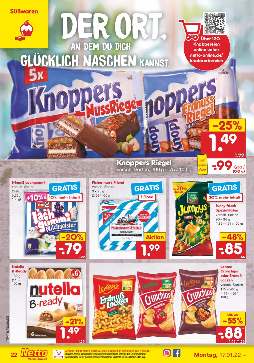 Aktueller Prospekt Netto Marken-Discount - Filial-Angebote - von 17.01 bis 22.01.2022 - strona 22 - produkty: chips, crunchips, eis, funny-frisch, knoppers, lachgummi, lorenz, lorenz crunchips, ndk, nimm2, nutella, reis, riegel, Spezi, Ti, versandkostenfrei