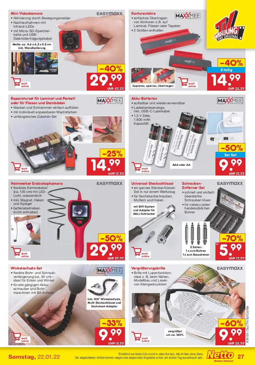 Aktueller Prospekt Netto Marken-Discount - Filial-Angebote - von 17.01 bis 22.01.2022 - strona 27 - produkty: adapter, akku, akkuschrauber, angebot, batterie, batterien, Bau, Brille, deka, dell, deo, elle, kamera, ladekabel, laminat, leds, mac, Mode, rwe, schrauben, speicherkarte, spiegel, Tapete, Tapeten, Ti, usb, wandhalterung, wasser, werkzeug, ZTE