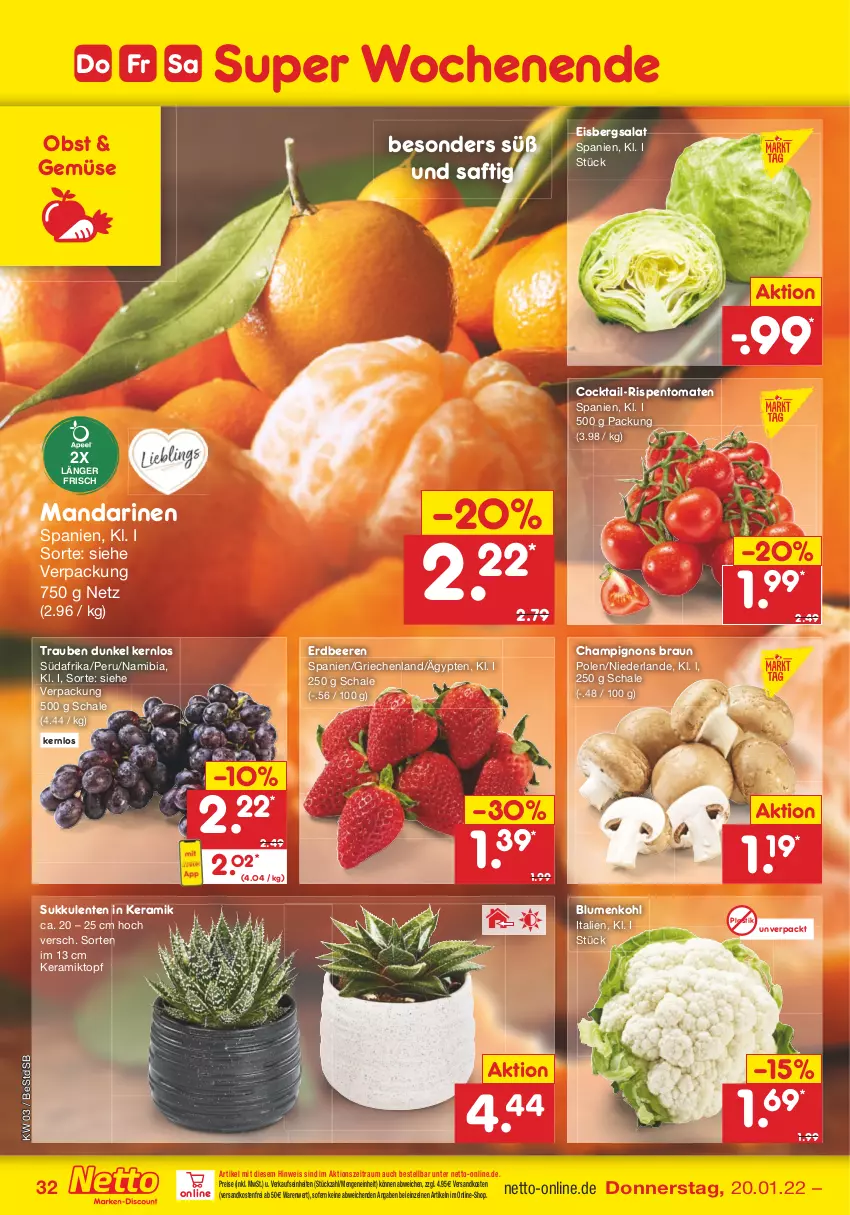 Aktueller Prospekt Netto Marken-Discount - Filial-Angebote - von 17.01 bis 22.01.2022 - strona 32 - produkty: asti, beere, beeren, blume, blumen, blumenkohl, braun, champignon, champignons, champignons braun, cocktail, eis, eisbergsalat, ente, erdbeere, erdbeeren, mandarine, mandarinen, ndk, obst, reis, rispentomaten, saft, salat, Schal, Schale, Sukkulente, Ti, tomate, tomaten, topf, trauben, versandkostenfrei