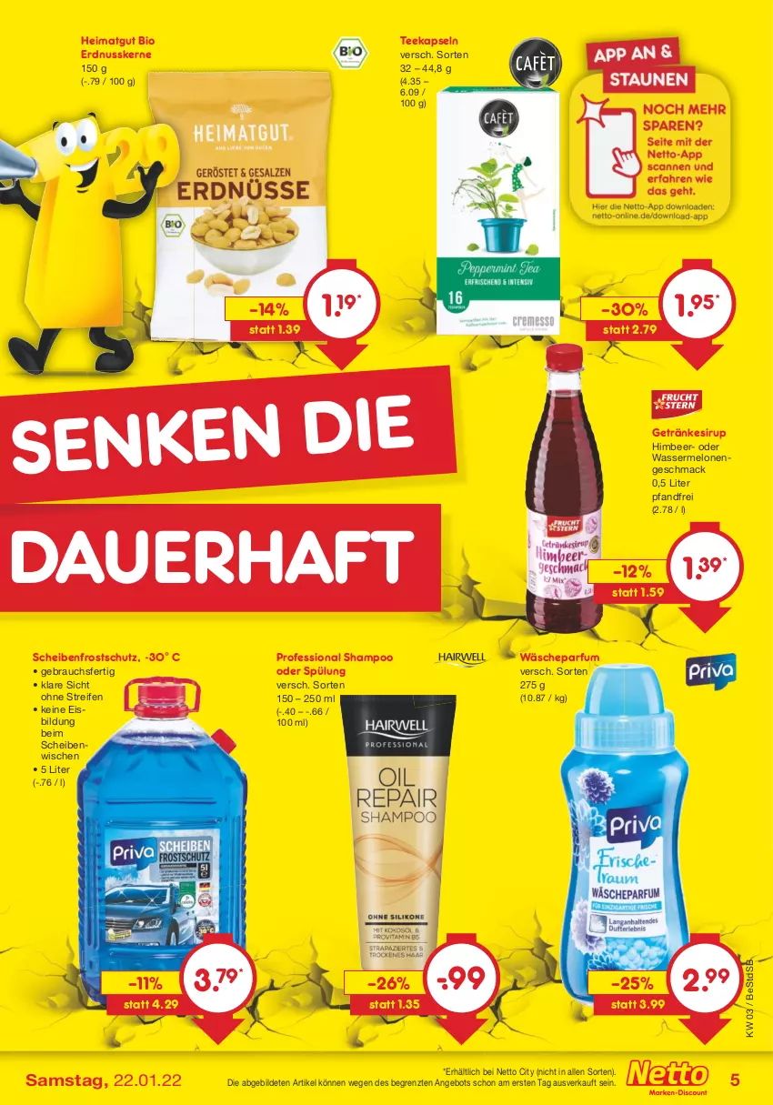 Aktueller Prospekt Netto Marken-Discount - Filial-Angebote - von 17.01 bis 22.01.2022 - strona 5 - produkty: angebot, auer, bio, eis, erdnuss, getränk, getränke, getränkesirup, himbeer, mac, melone, melonen, nuss, parfum, Rauch, reifen, Scheibenfrostschutz, shampoo, shampoo oder spülung, sirup, spülung, tee, Ti, wasser, wassermelone, wassermelonen, ZTE