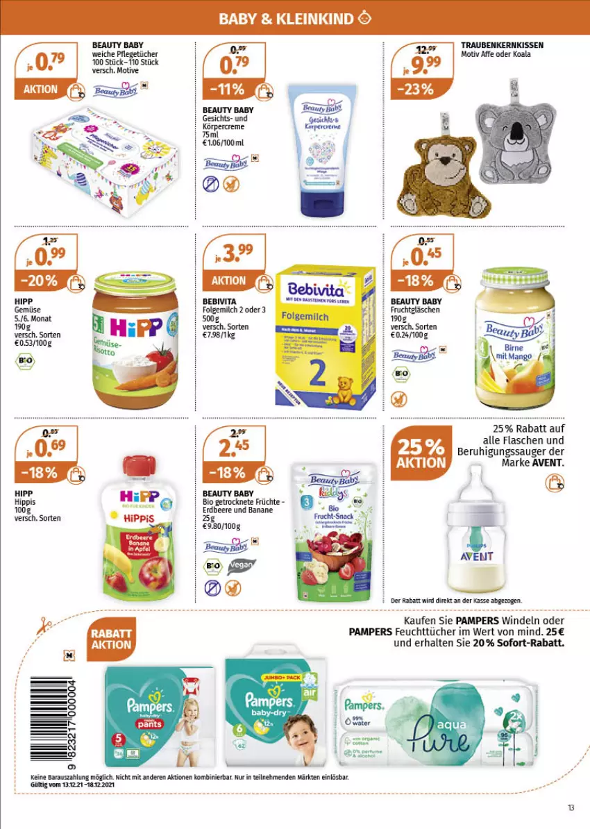 Aktueller Prospekt Mueller - Müller Prospekt - von 13.12 bis 18.12.2021 - strona 13 - produkty: baby-dry, banane, beere, Beruhigungssauger, bio, erdbeere, feuchttücher, flasche, folgemilch, früchte, kissen, LG, milch, pampers, sofort-rabatt, Ti, trauben, tücher, windeln