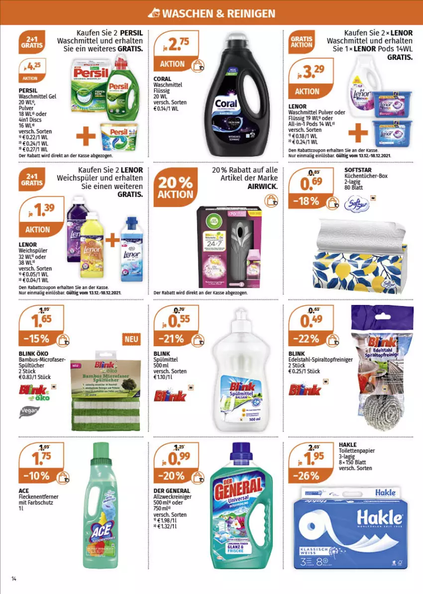 Aktueller Prospekt Mueller - Müller Prospekt - von 13.12 bis 18.12.2021 - strona 14 - produkty: airwick, allzweckreiniger, coupon, deo, eis, Fleckenentferner, hakle, hakle toilettenpapier, lenor, papier, persil, Pods, reiniger, Ti, toilettenpapier, waschmittel, weck, weichspüler, WICK