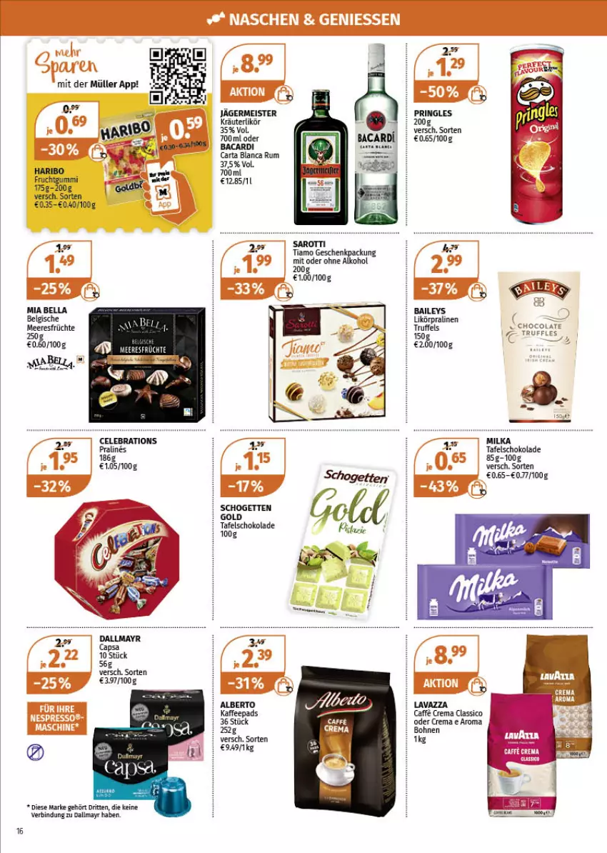 Aktueller Prospekt Mueller - Müller Prospekt - von 13.12 bis 18.12.2021 - strona 16 - produkty: alkohol, bacardi, baileys, bohne, bohnen, caffe, classico, cola, dallmayr, eis, frucht, früchte, fruchtgummi, Germ, geschenkpackung, haribo, kaffee, kaffeepads, kräuter, kräuterlikör, lavazza, LG, likör, meeresfrüchte, Meister, milka, ohne alkohol, pralinen, pringles, ring, rum, saro, sarotti, schogetten, schoko, schokolade, tafelschokolade, Ti