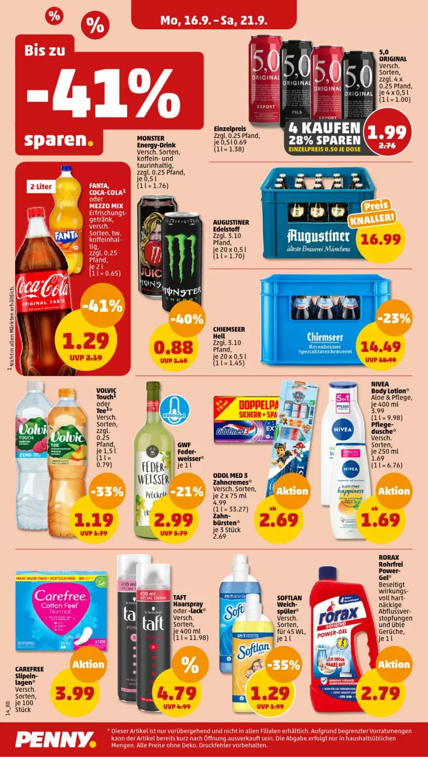 Aktueller Prospekt Penny - Prospekte - von 16.09 bis 21.09.2024 - strona 14 - produkty: auer, body, body lotion, bürste, bürsten, carefree, drink, dusche, eis, gin, haarspray, lack, Lotion, monster, Monster Energy, nivea, Odol, reis, rorax, slip, Softlan, Taft, tee, Ti, topf, volvic