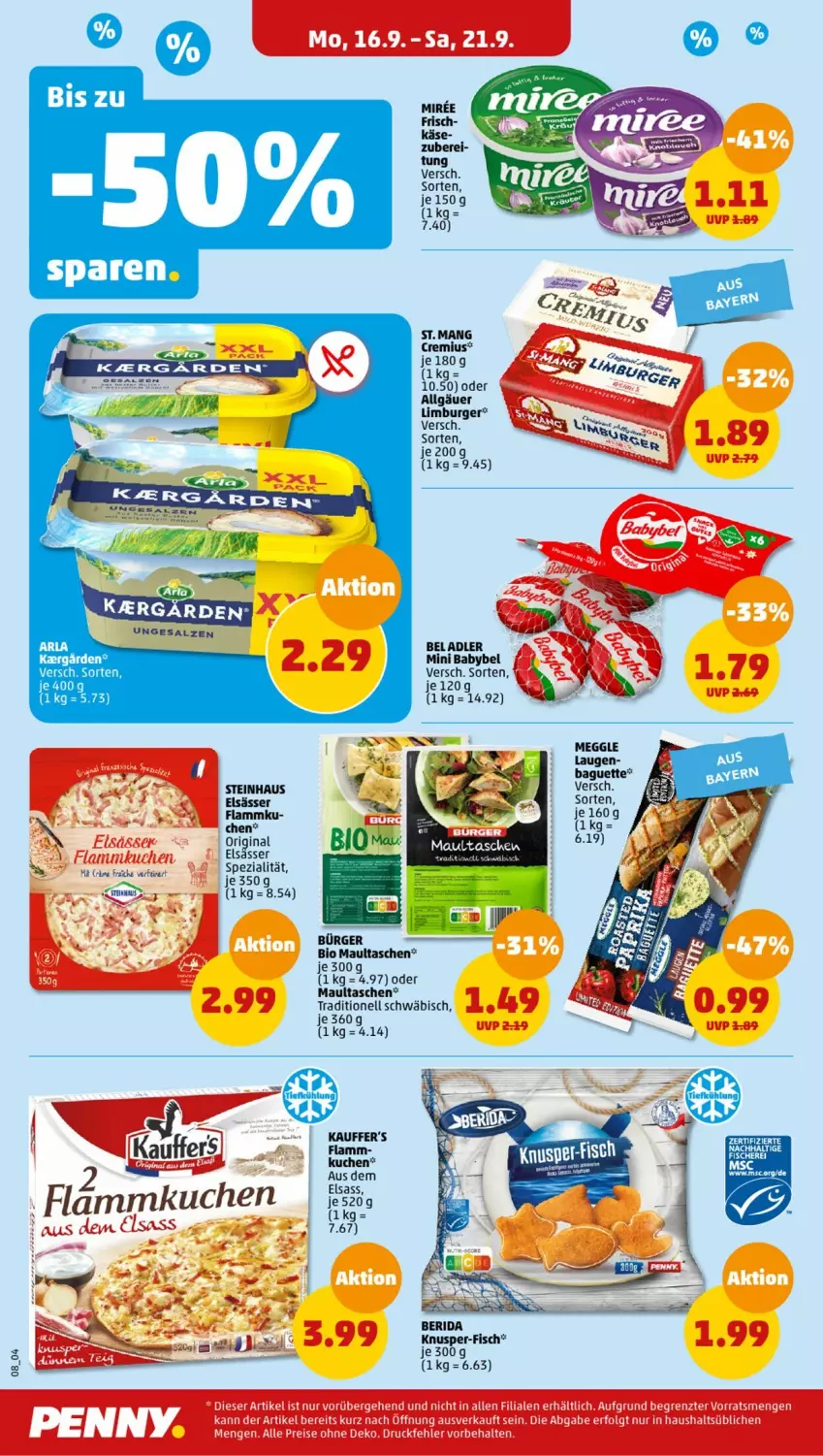 Aktueller Prospekt Penny - Prospekte - von 16.09 bis 21.09.2024 - strona 8 - produkty: babybel, baguette, bio, burger, eis, flammkuchen, gin, kuchen, lamm, LG, Limburger, maultaschen, meggle, mini babybel, reis, Spezi, steinhaus, Tasche, taschen, Ti, ZTE