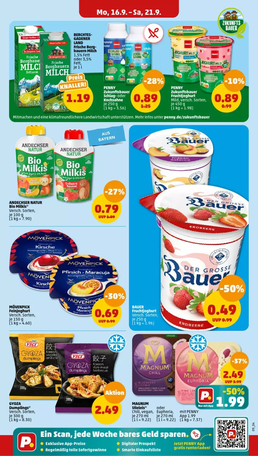 Aktueller Prospekt Penny - Prospekte - von 16.09 bis 21.09.2024 - strona 9 - produkty: andechser natur, auer, Bau, Bauer, bio, eis, feinjoghurt, joghur, joghurt, mac, magnum, milch, mövenpick, natur, rel, Ria, sahne, stieleis, Ti