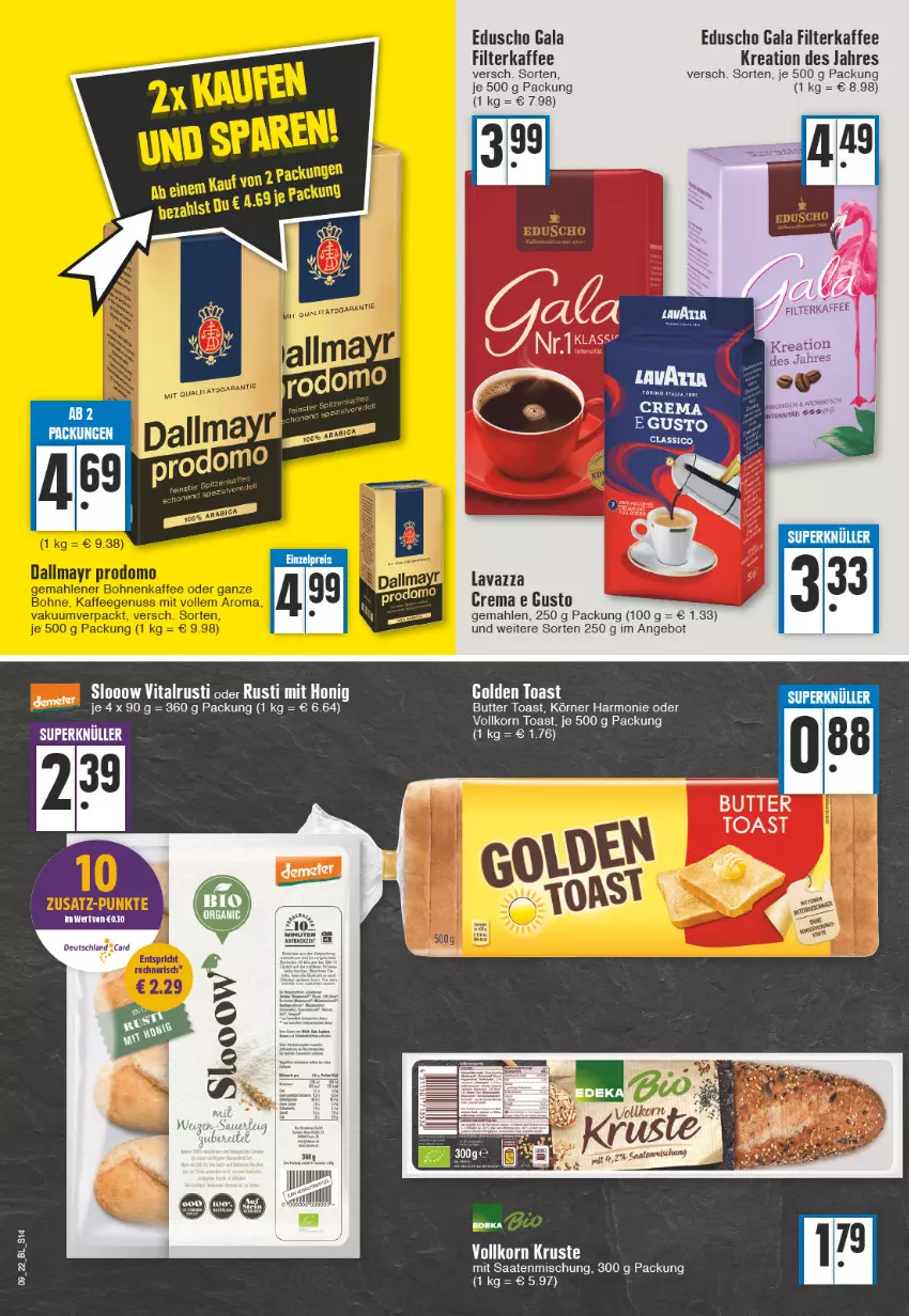 Aktueller Prospekt Edeka - Angebote der Woche - von 28.02 bis 05.03.2022 - strona 14 - produkty: angebot, butter, deka, eduscho, filterkaffee, golden toast, kaffee, korn, lavazza, Ti, toast