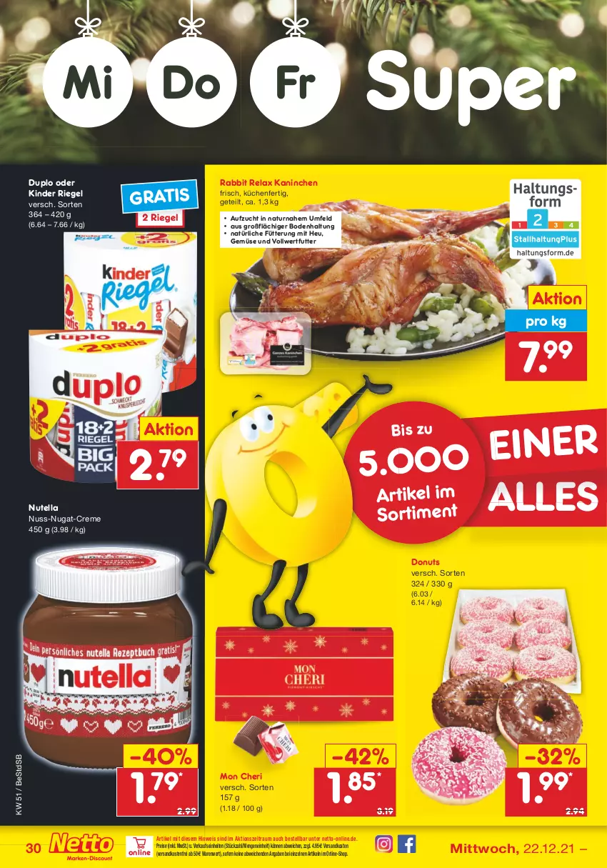 Aktueller Prospekt Netto Marken-Discount - Filial Angebote - von 20.12 bis 24.12.2021 - strona 29 - produkty: creme, Donut, donuts, duplo, eis, Heu, Kinder, kinder riegel, küche, Küchen, natur, ndk, nuss, nuss-nugat-creme, nutella, reis, rel, riegel, Ti, versandkostenfrei