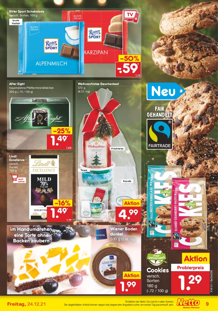 Aktueller Prospekt Netto Marken-Discount - Filial Angebote - von 20.12 bis 24.12.2021 - strona 9 - produkty: after eight, angebot, bier, cookie, cookies, eis, elle, früchte, Früchtetee, geschenkset, lindt, pfeffer, reis, ritter, ritter sport, schoko, schokolade, Sport, tasse, tee, Ti, torte, wiener, wiener boden, ZTE