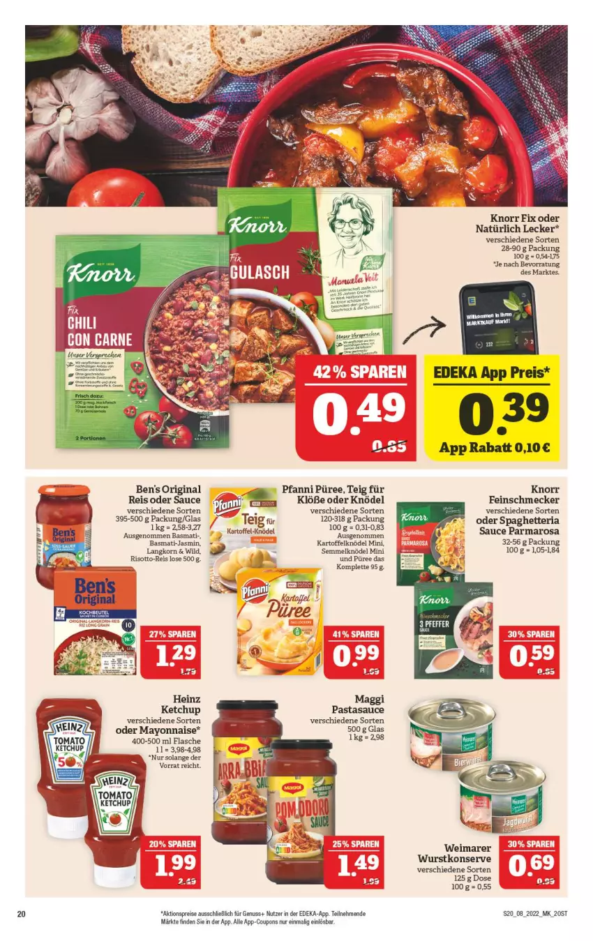 Aktueller Prospekt Marktkauf - Prospekt - von 20.02 bis 26.02.2022 - strona 20 - produkty: aktionspreis, basmati, coupon, coupons, deka, eis, elle, feinschmecker, flasche, gin, heinz, kartoffel, Kartoffelknödel, ketchup, Knödel, knorr, knorr fix, korn, LG, maggi, mayonnaise, nuss, pasta, pfanni, püree, reis, Ria, risotto, sauce, Semmel, Semmelknödel, Ti, Wild, wurst, Yo