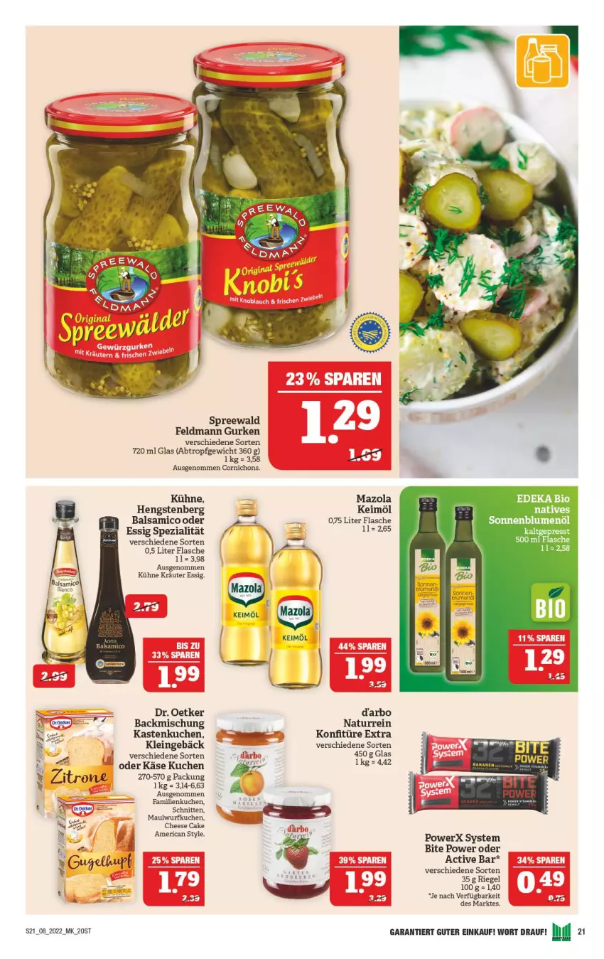 Aktueller Prospekt Marktkauf - Prospekt - von 20.02 bis 26.02.2022 - strona 21 - produkty: backmischung, balsam, balsamico, blume, blumen, blumenöl, braten, darbo, Dr. Oetker, essig, flasche, gurke, gurken, hengstenberg, Käse, Kastenkuchen, keimöl, konfitüre, konfitüre extra, kräuter, Kräuter Essig, kuchen, Kühne, mazola, natur, riegel, schnitten, sonnenblume, sonnenblumen, sonnenblumenöl, Spezi, Ti