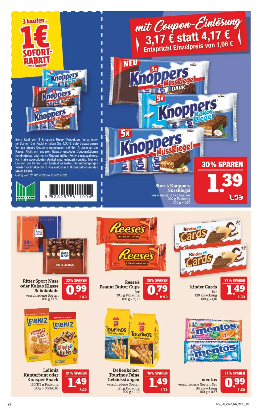 Aktueller Prospekt Marktkauf - Prospekt - von 20.02 bis 26.02.2022 - strona 22 - produkty: butter, debeukelaer, eis, kakao, Kinder, leibniz, mentos, nuss, peanut butter, reis, ritter, ritter sport, schoko, schokolade, snack, Sport, tee