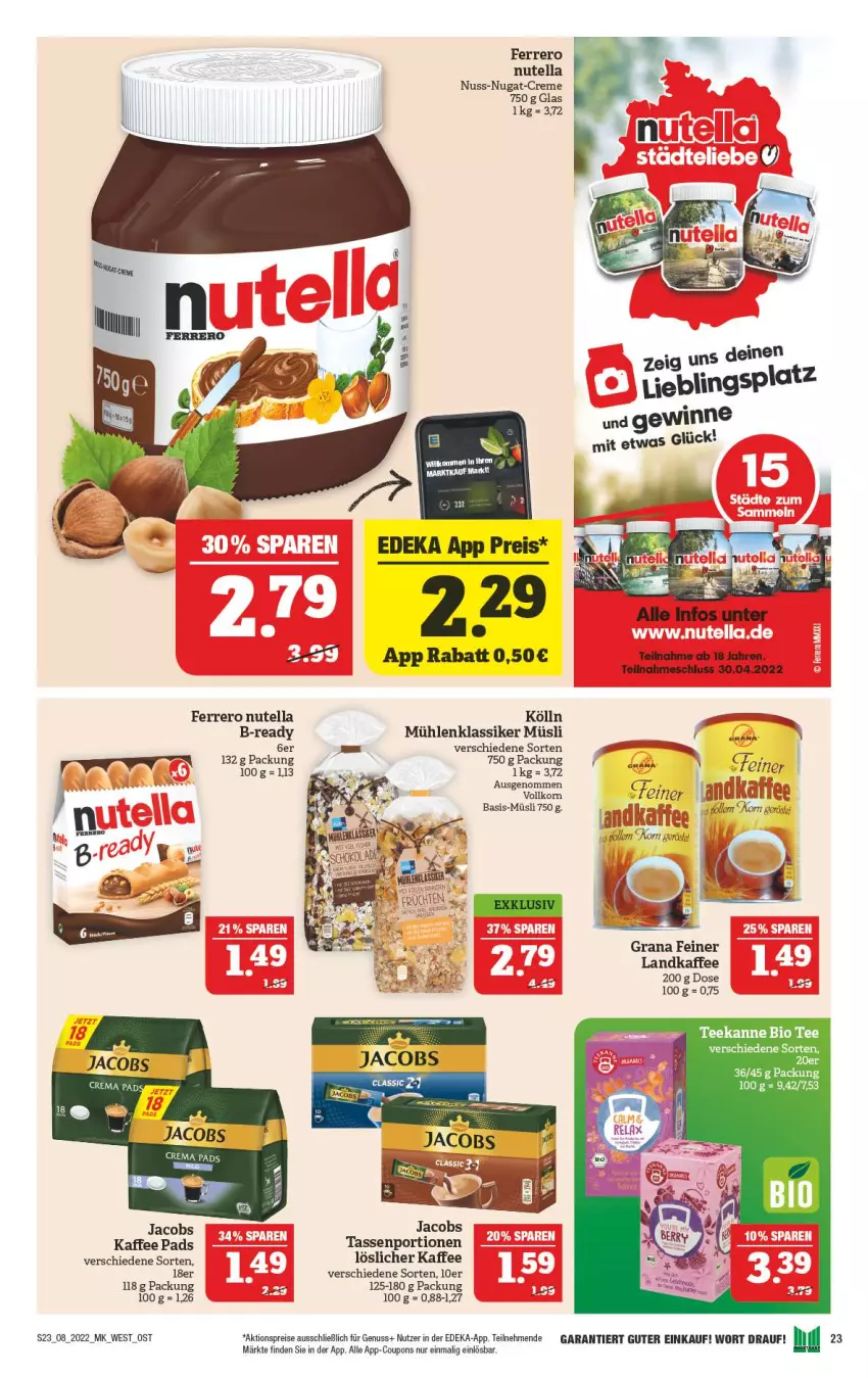 Aktueller Prospekt Marktkauf - Prospekt - von 20.02 bis 26.02.2022 - strona 23 - produkty: aktionspreis, bio, coupon, coupons, creme, deka, eis, ferrero, grana, jacobs, kaffee, kölln, korn, löslicher kaffee, müsli, ndk, nuss, nuss-nugat-creme, nutella, Rana, reis, tasse, tee, teekanne, Ti