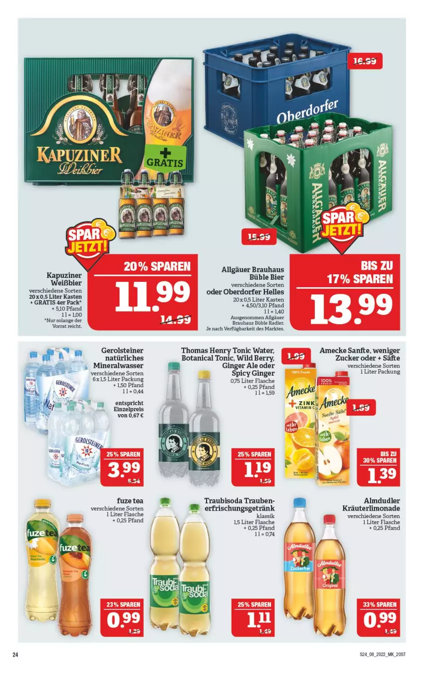 Aktueller Prospekt Marktkauf - Prospekt - von 20.02 bis 26.02.2022 - strona 24 - produkty: almdudler, Alwa, amecke, bier, elle, erfrischungsgetränk, flasche, fuze tea, gerolsteine, gerolsteiner, getränk, gin, ginger, ginger ale, kräuter, LG, limo, limonade, mineralwasser, radler, säfte, Soda, steiner, thomas henry, tonic, tonic water, trauben, Traubisoda, vita, Vitamin C, wasser, Wild, zucker