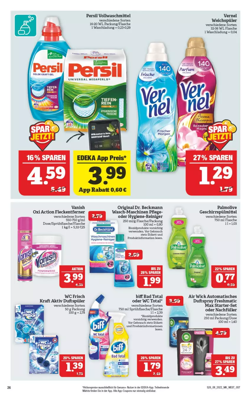 Aktueller Prospekt Marktkauf - Prospekt - von 20.02 bis 26.02.2022 - strona 26 - produkty: Air Wick, aktionspreis, auto, Bad, biff, bio, biozidprodukte, coupon, coupons, deka, Dr. Beckmann, Duftspray, eis, flasche, fleckentferner, geschirr, geschirrspülmittel, gin, hygiene-reiniger, kraft, nuss, olive, oxi action, palmolive, persil, Rauch, reiniger, reis, rwe, sprühflasche, spülmittel, Ti, tisch, vanish, vernel, vollwaschmittel, waschmaschine, waschmaschinen, waschmittel, wc frisch, wc total, weichspüler, WICK