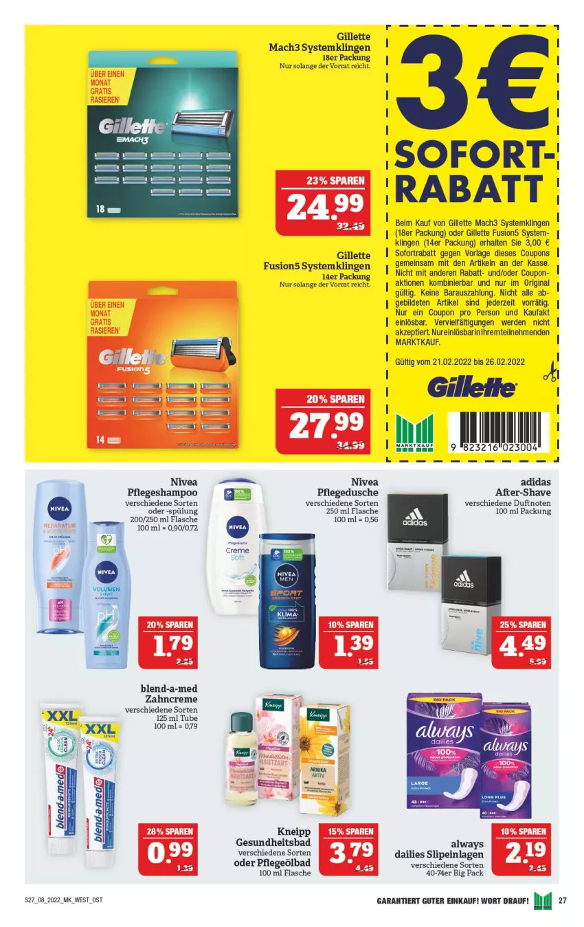 Aktueller Prospekt Marktkauf - Prospekt - von 20.02 bis 26.02.2022 - strona 27 - produkty: Adidas, Alwa, Always, Bad, blend-a-med, coupon, coupons, creme, dailies, dusche, erde, flasche, fusion5, Gesundheit, gillette, gin, kneipp, mac, mach3, nivea, pflegedusche, Pflegeöl, shampoo, slip, slipeinlagen, sofortrabatt, spülung, Systemklingen, Ti, zahncreme