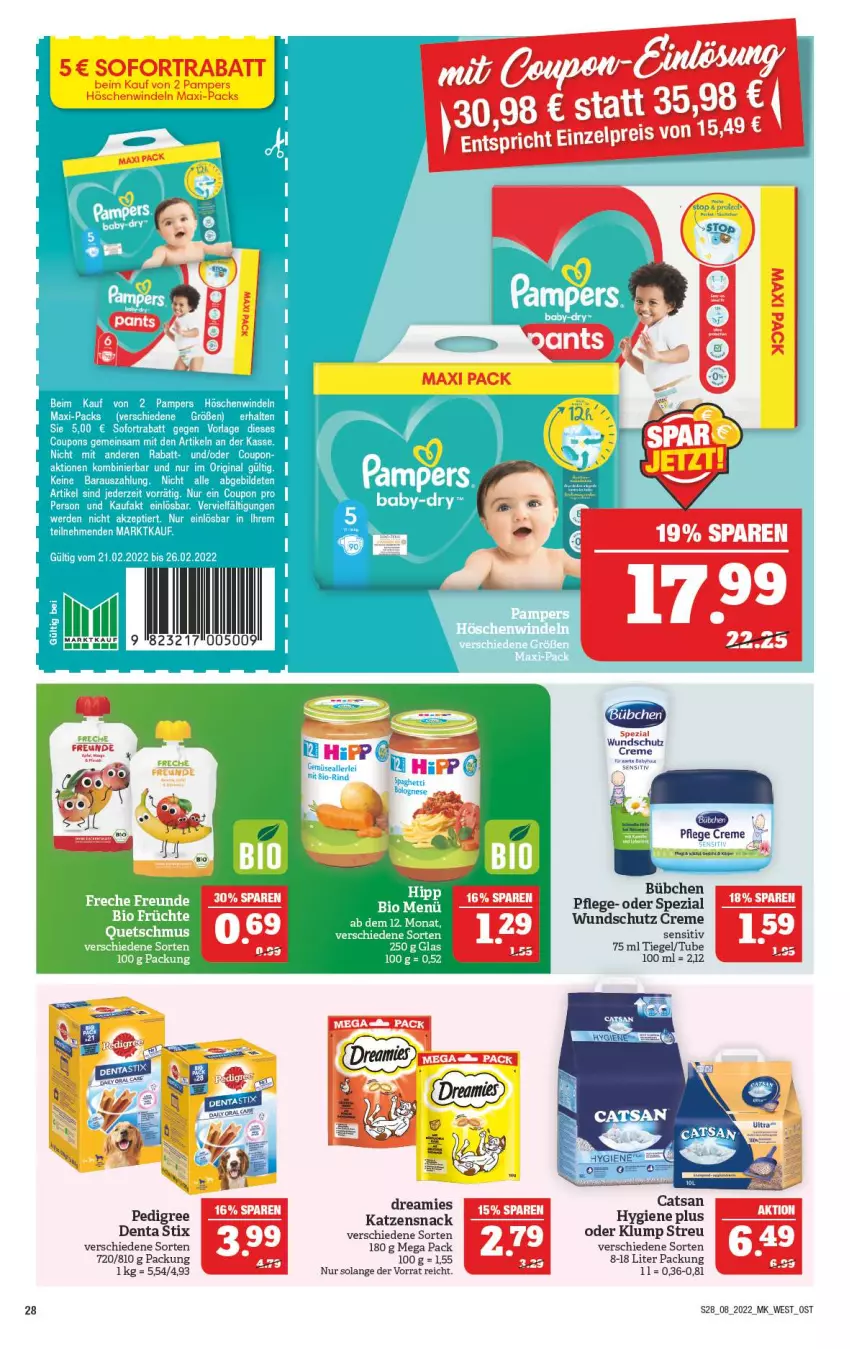 Aktueller Prospekt Marktkauf - Prospekt - von 20.02 bis 26.02.2022 - strona 28 - produkty: bübchen, catsan, creme, dreamies, eis, katzensnack, pampers, pedigree, reis, snack, sofortrabatt, Spezi, Ti, windeln