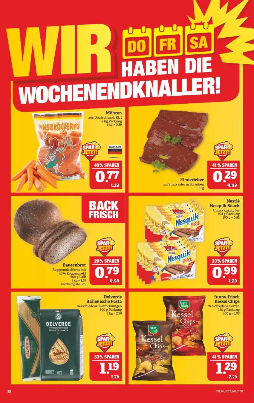 Aktueller Prospekt Marktkauf - Prospekt - von 20.02 bis 26.02.2022 - strona 38 - produkty: auer, Bau, Bauer, brot, chips, erde, funny-frisch, italienische pasta, mehl, möhren, nesquik, pasta, rind, rinder, Rinderleber, snack