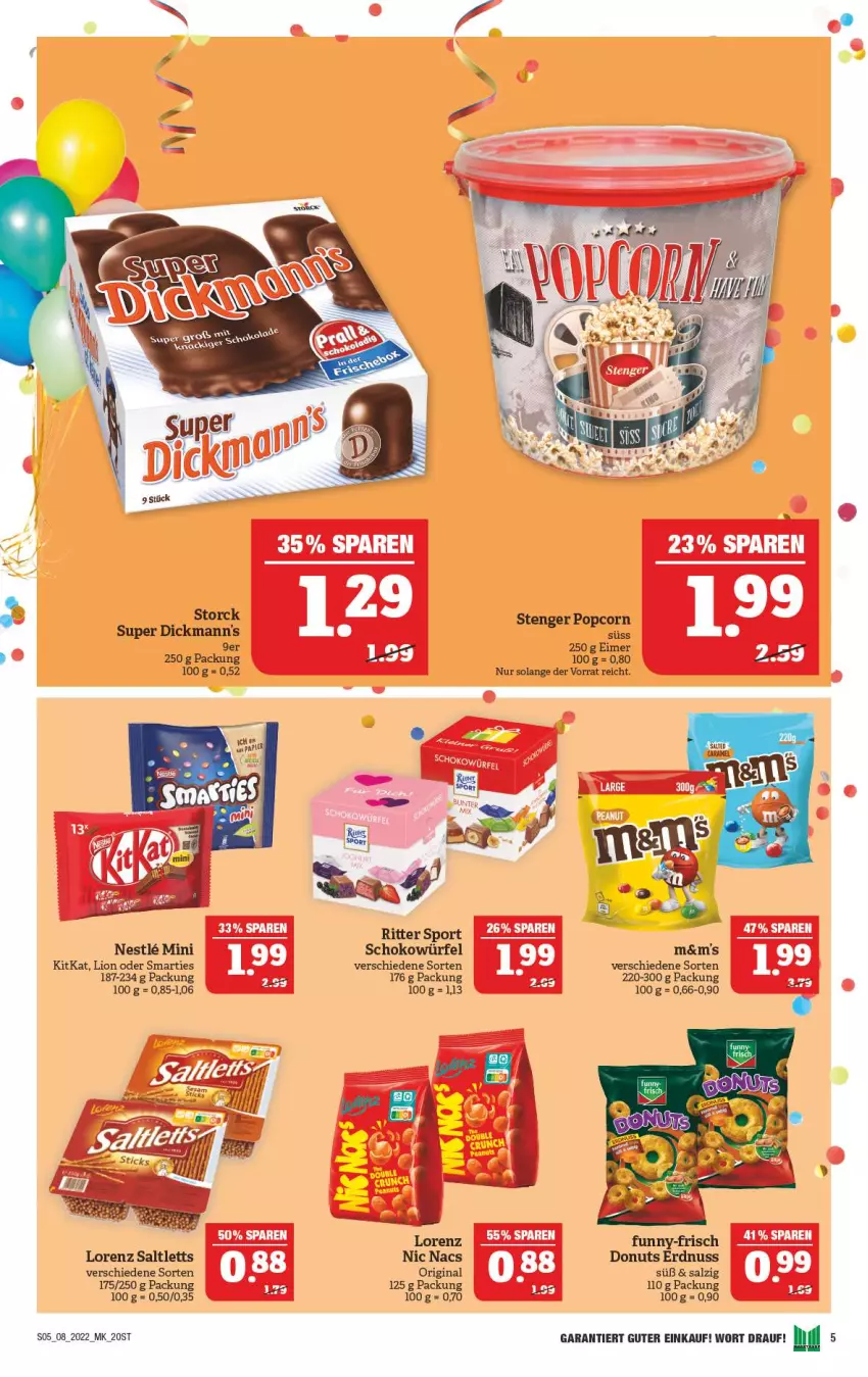 Aktueller Prospekt Marktkauf - Prospekt - von 20.02 bis 26.02.2022 - strona 5 - produkty: Dickmann's, Donut, donuts, eimer, erdnuss, funny-frisch, gin, kitkat, lion, lorenz, nuss, popcorn, ritter, ritter sport, saltletts, salz, schoko, schokowürfel, smarties, Sport, storck, Ti, würfel