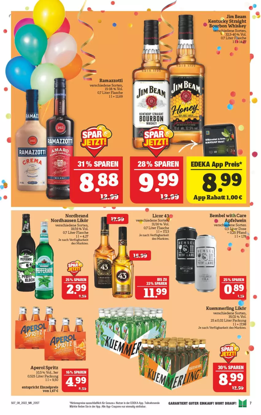 Aktueller Prospekt Marktkauf - Prospekt - von 20.02 bis 26.02.2022 - strona 7 - produkty: aktionspreis, aperol, coupon, coupons, deka, eis, flasche, jim beam, kentucky straight, kuemmerling, licor, likör, merl, nordbrand, nuss, rama, ramazzott, ramazzotti, reis, Ti, tuc, wein, whiskey, zott