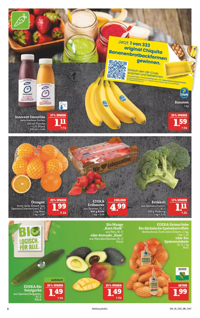 Aktueller Prospekt Marktkauf - Prospekt - von 20.02 bis 26.02.2022 - strona 8 - produkty: avocado, banane, bananen, bio, deka, edeka bio, eis, flasche, gurke, Innocent, kartoffel, kartoffeln, LG, mango, orange, orangen, salat, Salatgurke, sim, smoothie, speisekartoffeln, Speisezwiebeln, Ti, zwiebel, zwiebeln