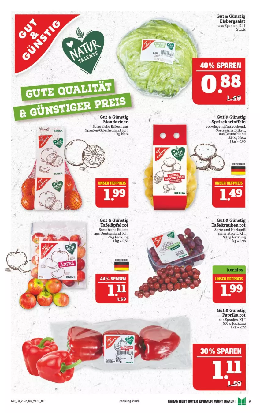 Aktueller Prospekt Marktkauf - Prospekt - von 20.02 bis 26.02.2022 - strona 9 - produkty: eis, eisbergsalat, kartoffel, kartoffeln, mam, mandarine, mandarinen, paprika, paprika rot, reis, salat, speisekartoffeln, tafeläpfel, tafeltrauben, Ti, tiefpreis, trauben