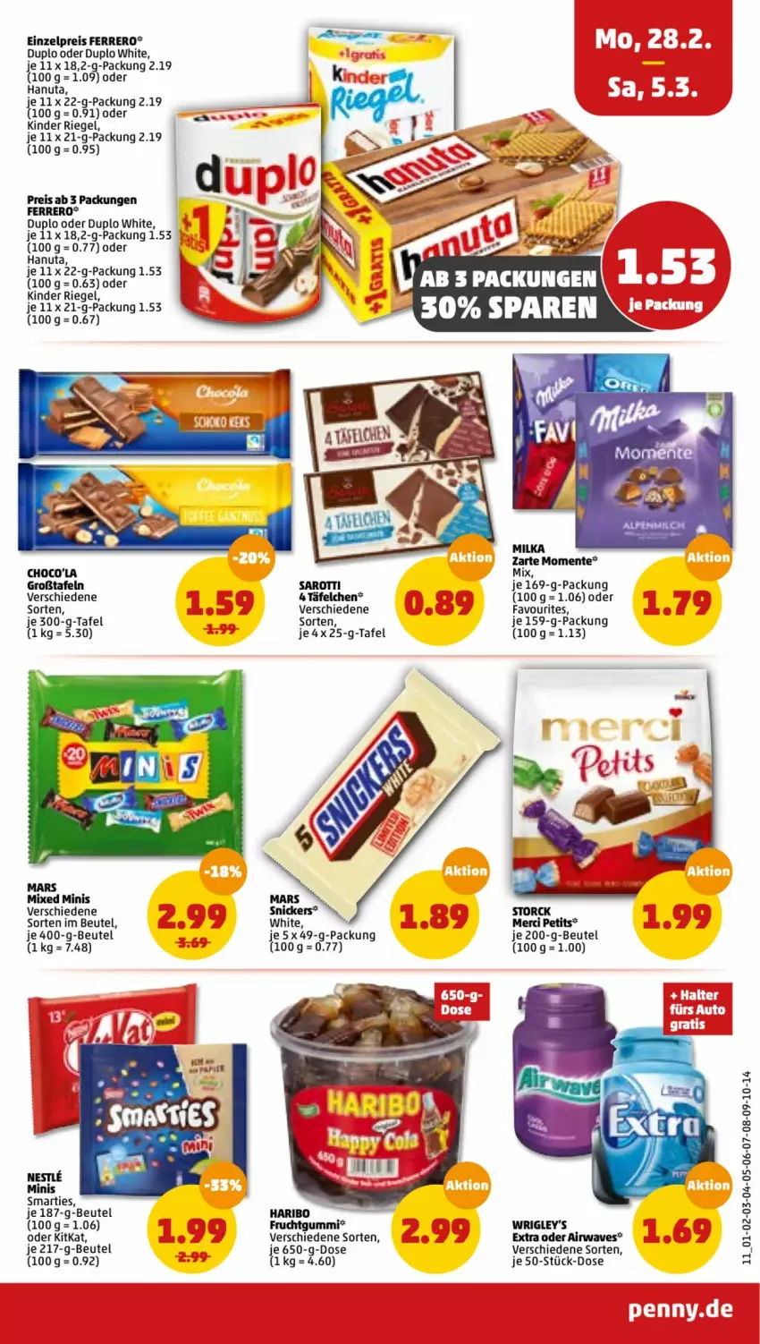 Aktueller Prospekt Penny - Prospekte - von 28.02 bis 05.03.2022 - strona 11 - produkty: beutel, duplo, eis, ente, ferrero, frucht, fruchtgummi, hanuta, Kinder, kinder riegel, kitkat, mars, merci, milka, reis, riegel, saro, sarotti, smarties, snickers, storck, Ti