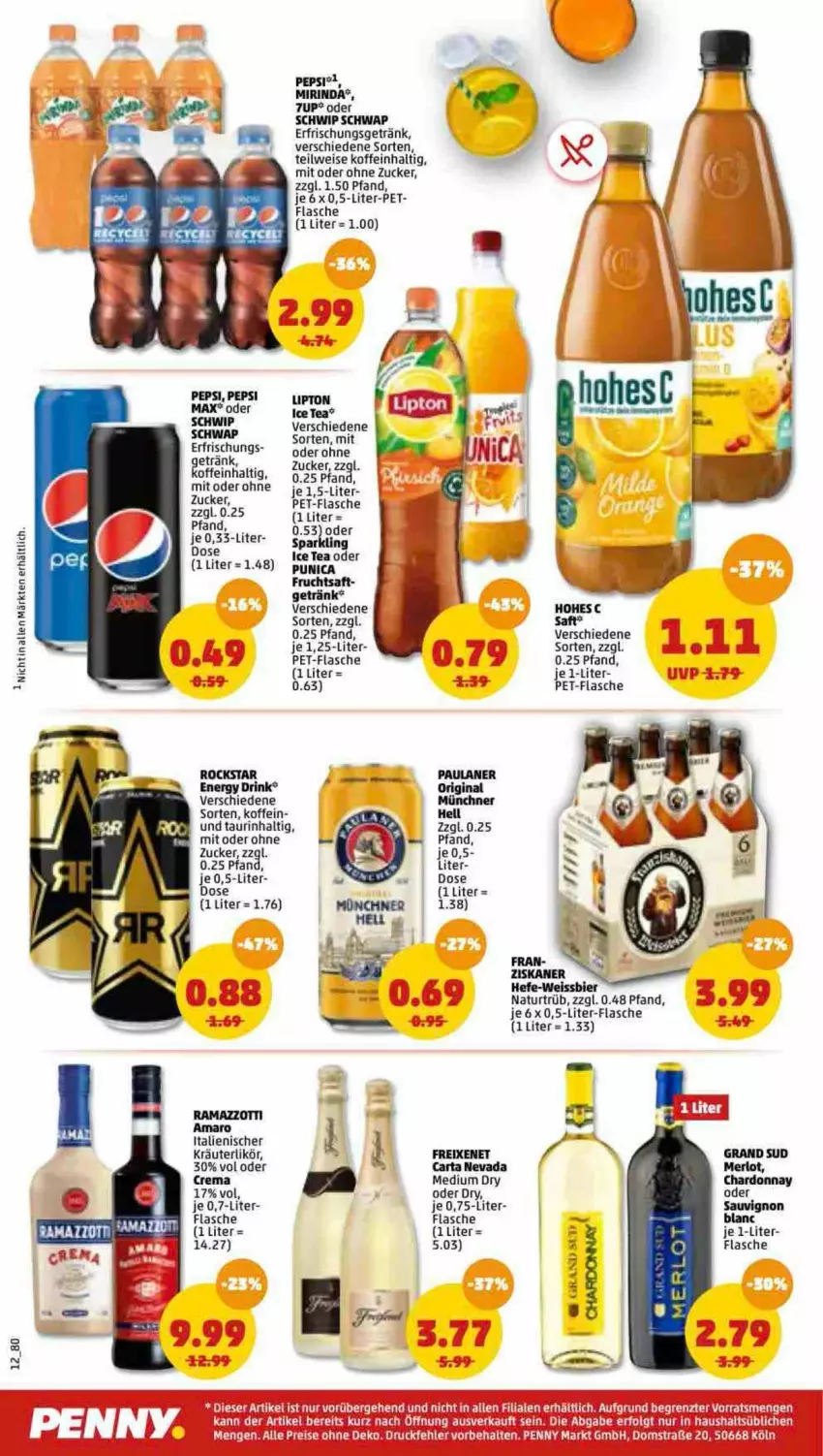 Aktueller Prospekt Penny - Prospekte - von 28.02 bis 05.03.2022 - strona 12 - produkty: 7UP, amaro, bier, chardonnay, drink, eis, energy drink, erfrischungsgetränk, flasche, freixenet, frucht, fruchtsaft, getränk, gin, grand sud, Hefe, Hohes C, HP, ice tea, kräuter, kräuterlikör, likör, merl, merlot, Mirinda, natur, Paula, paulaner, pepsi, pet-flasche, punica, reis, rind, Rockstar, saft, sauvignon, Schwip Schwap, tee, Ti, weissbier, zucker