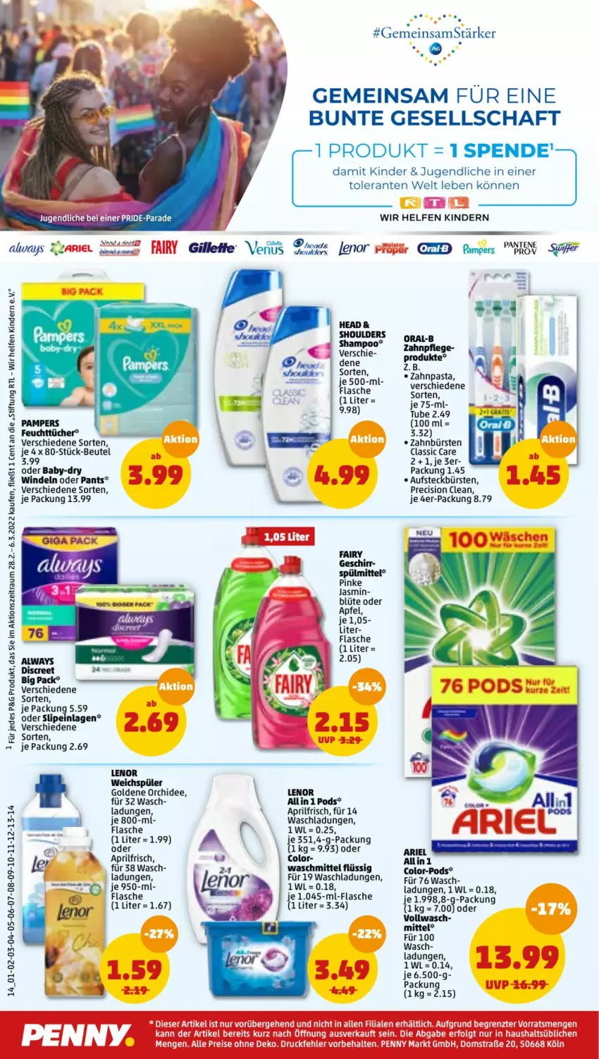 Aktueller Prospekt Penny - Prospekte - von 28.02 bis 05.03.2022 - strona 14 - produkty: Alwa, Always, apfel, ariel, aufsteckbürsten, baby-dry, beutel, Blüte, bürste, bürsten, Discreet, feuchttücher, flasche, geschirr, Kinder, lenor, lenor weichspüler, oral-b, orchidee, pampers, Pants, pasta, Pods, precision clean, pril, slip, slipeinlagen, spülmittel, Surf, Ti, tücher, uhr, waschmittel, weichspüler, windeln, windeln oder pants, zahnbürste, zahnbürsten, zahnpasta