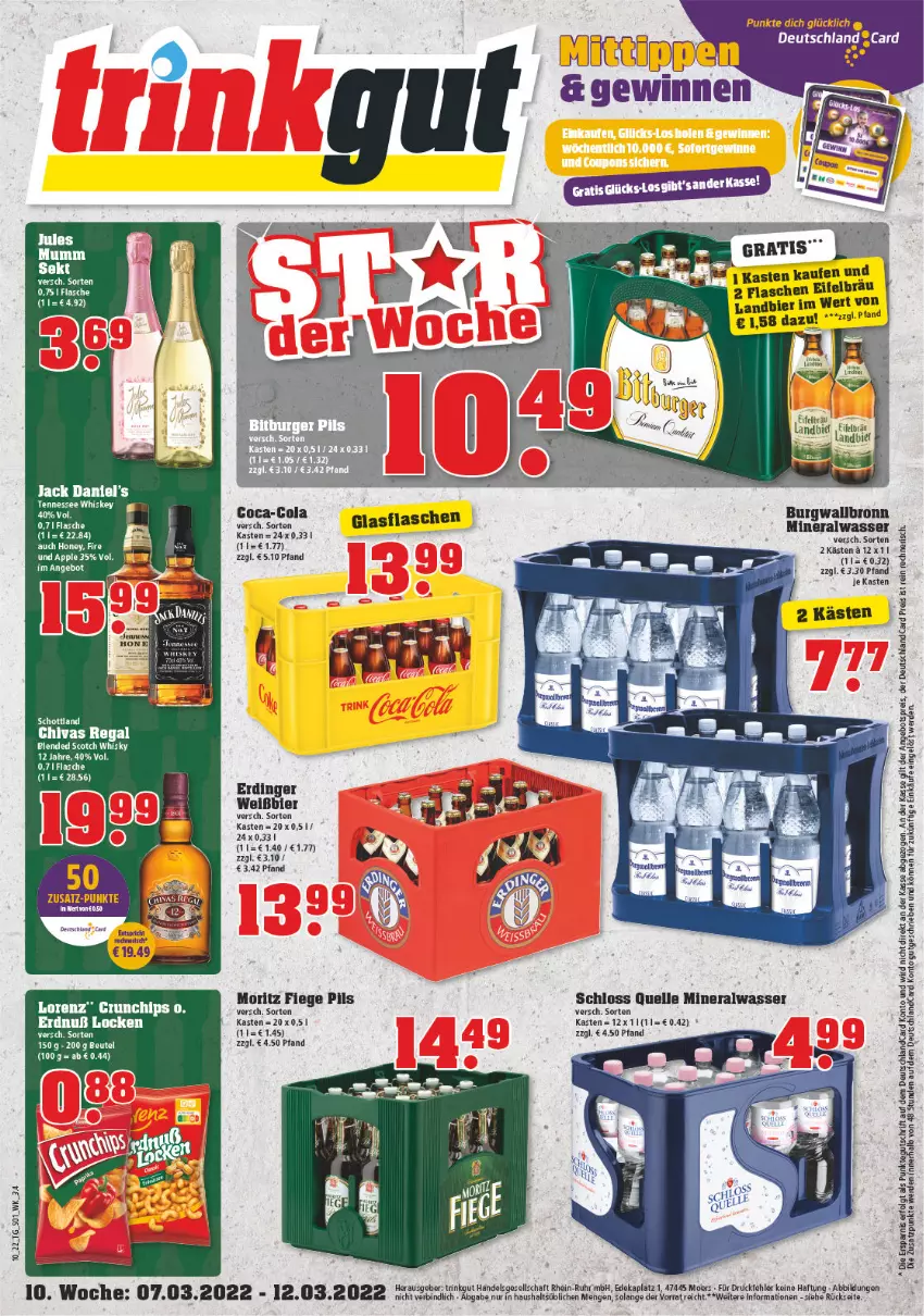 Aktueller Prospekt Trinkgut - von 07.03 bis 12.03.2022 - strona 1 - produkty: Alwa, angebot, angebotspreis, Apple, bett, Betten, beutel, bier, blended scotch, blended scotch whisky, burgwallbronn, chips, coca-cola, cola, crunchips, deutschlandcard, eis, elle, erde, erdinger, flasche, jack daniel, jack daniel's, LG, lorenz, lorenz crunchips, mineralwasser, pils, regal, reis, scotch, scotch whisky, sekt, tee, tennessee whiskey, Ti, wasser, whiskey, whisky